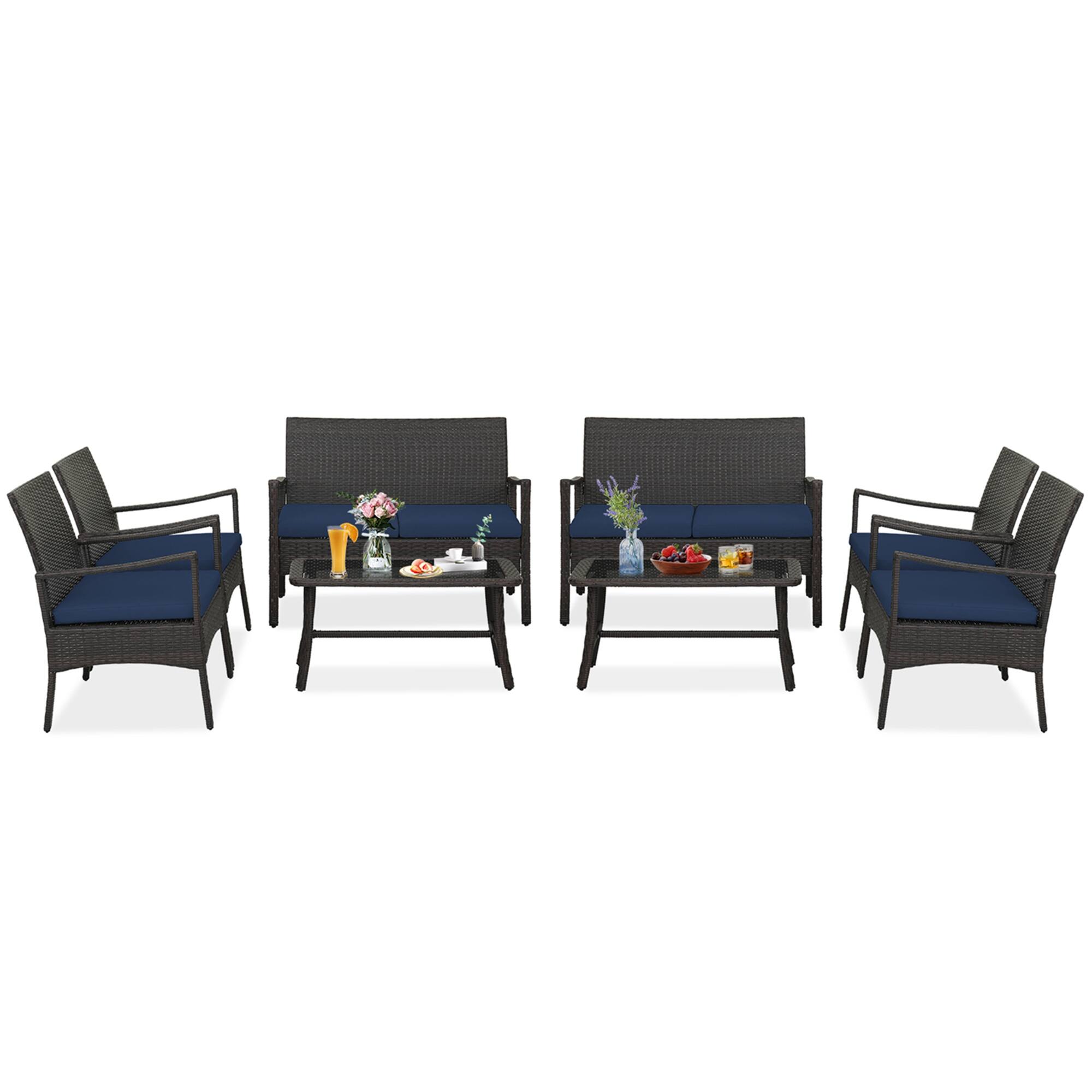 Costway - 8PCS Patio Rattan Wicker Furniture Set Cushioned Sofa Armrest Coffee Table - Navy Blue