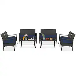 Costway - 8PCS Patio Rattan Wicker Furniture Set Cushioned Sofa Armrest Coffee Table - Navy Blue