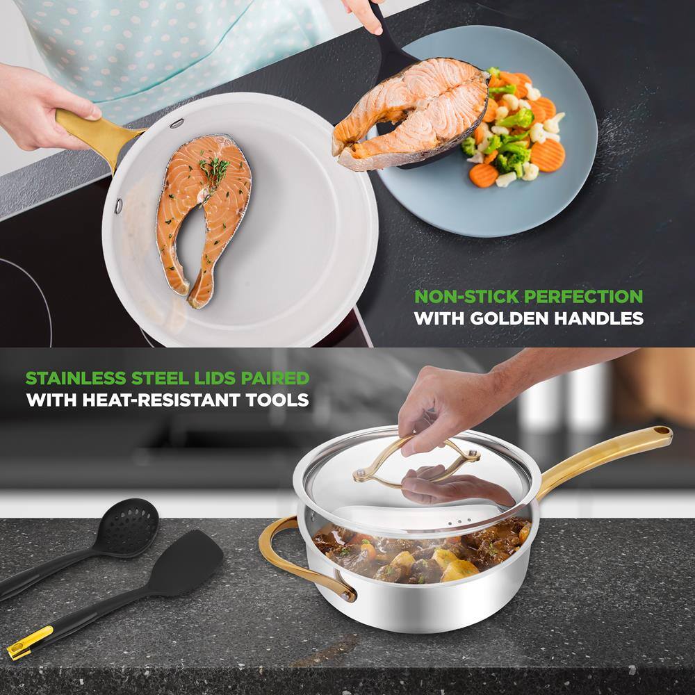NON-STICK PERFECTION WITH GOLDEN HANDLES

STAINLESS STEEL LIDS PAIRED WITH HEAT-RESISTANT TOOLS
