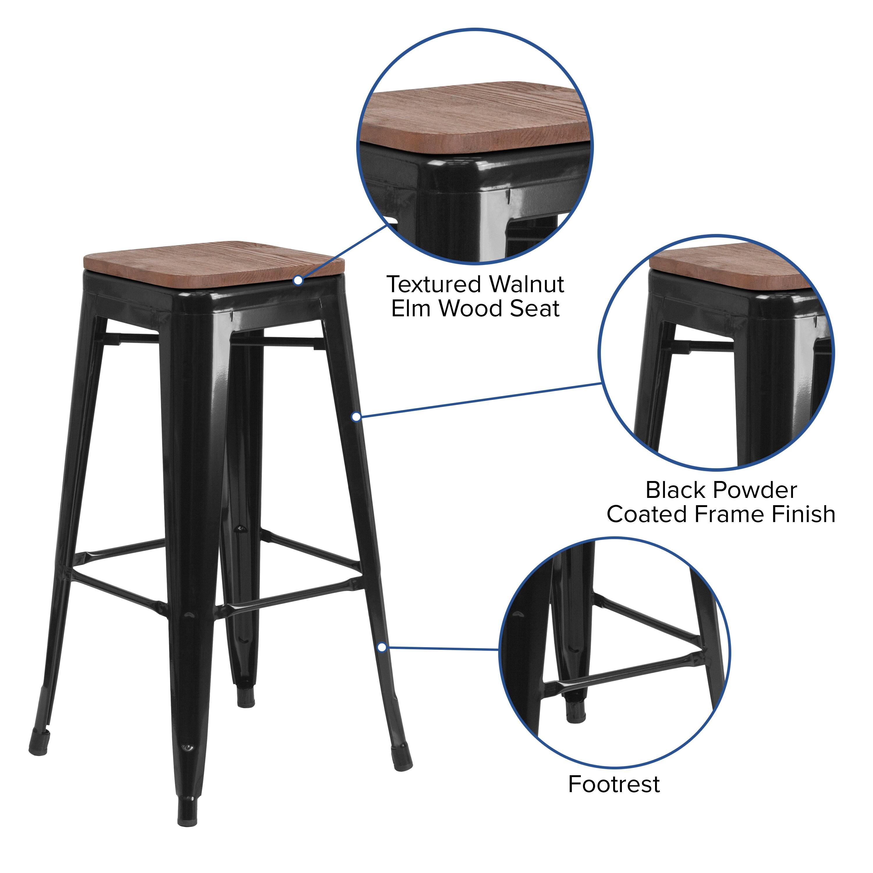 Textured Walnut Elm Wood Seat  
Black Powder Coated Frame Finish  
Footrest