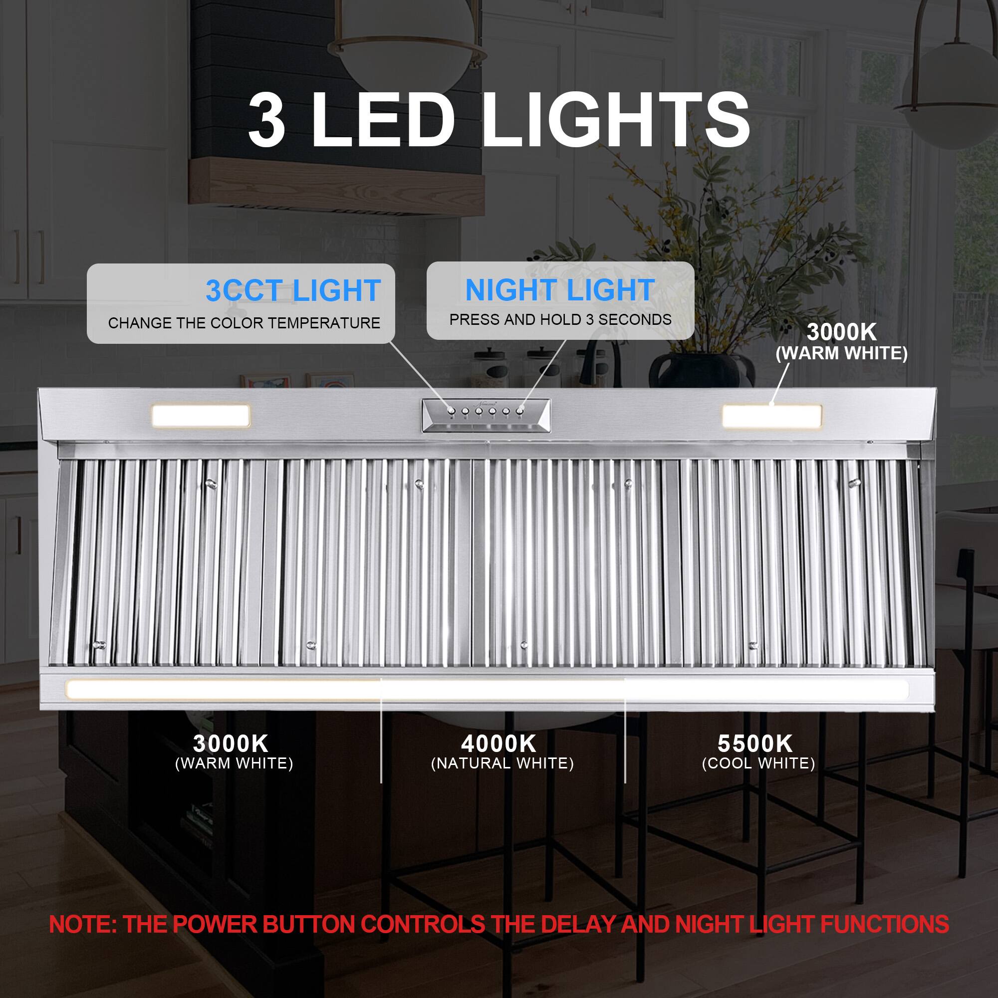 3 LED LIGHTS

3CCT LIGHT CHANGE THE COLOR TEMPERATURE

NIGHT LIGHT PRESS AND HOLD 3 SECONDS

3000K (WARM WHITE)

4000K (NATURAL WHITE)

5500K (COOL WHITE)

NOTE: THE POWER BUTTON CONTROLS THE DELAY AND NIGHT LIGHT FUNCTIONS