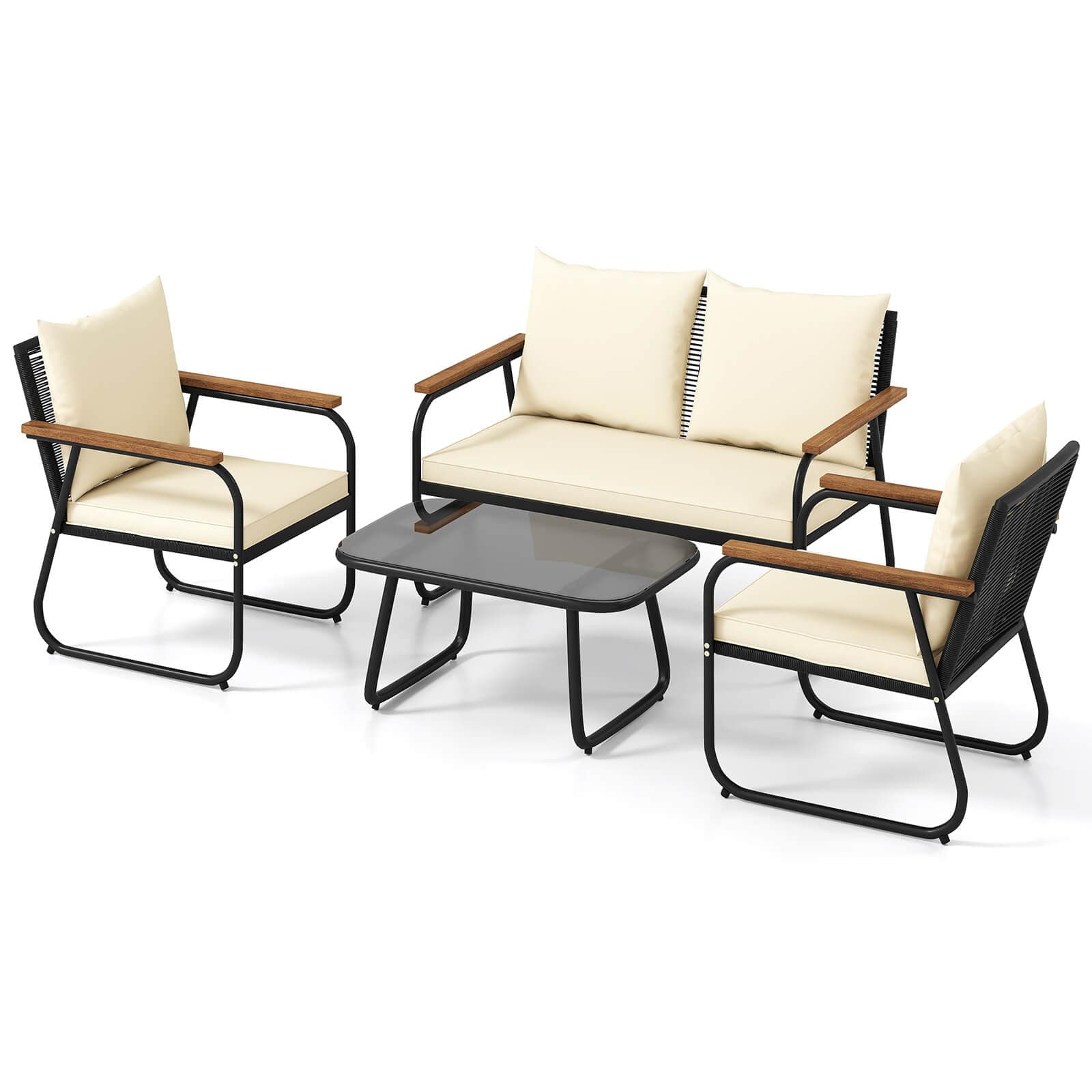 Costway - 4 PCS Patio Furniture Set with Tempered Glass Coffee Table PE Wicker Rattan Chairs - Black + Off White