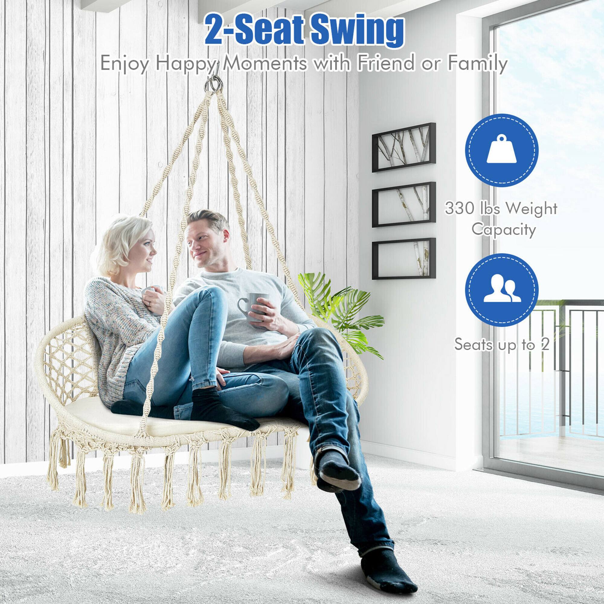 2-Seat Swing  
Enjoy Happy Moments with Friend or Family  

330 lbs Weight Capacity  
Seats up to 2