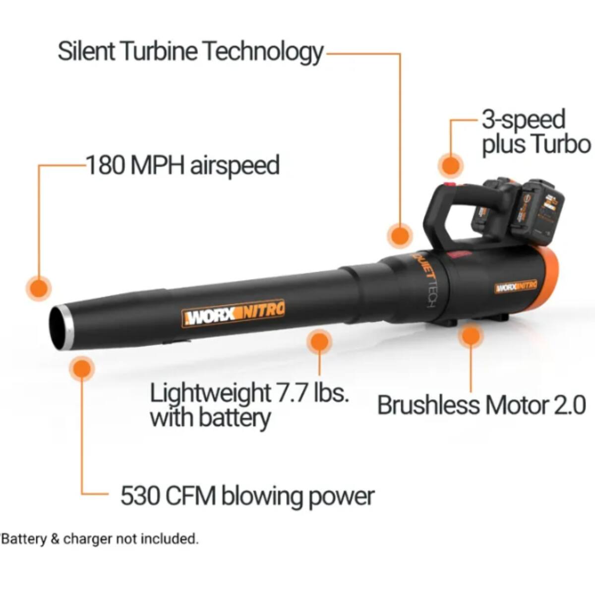 Silent Turbine Technology: 180 MPH airspeed, 3-speed plus Turbo, WORX_NITRO QUIETTECH WORDENITI, Lightweight 7.7 lbs., Brushless Motor 2.0 with battery, 530 CFM blowing power, Battery & charger not included.