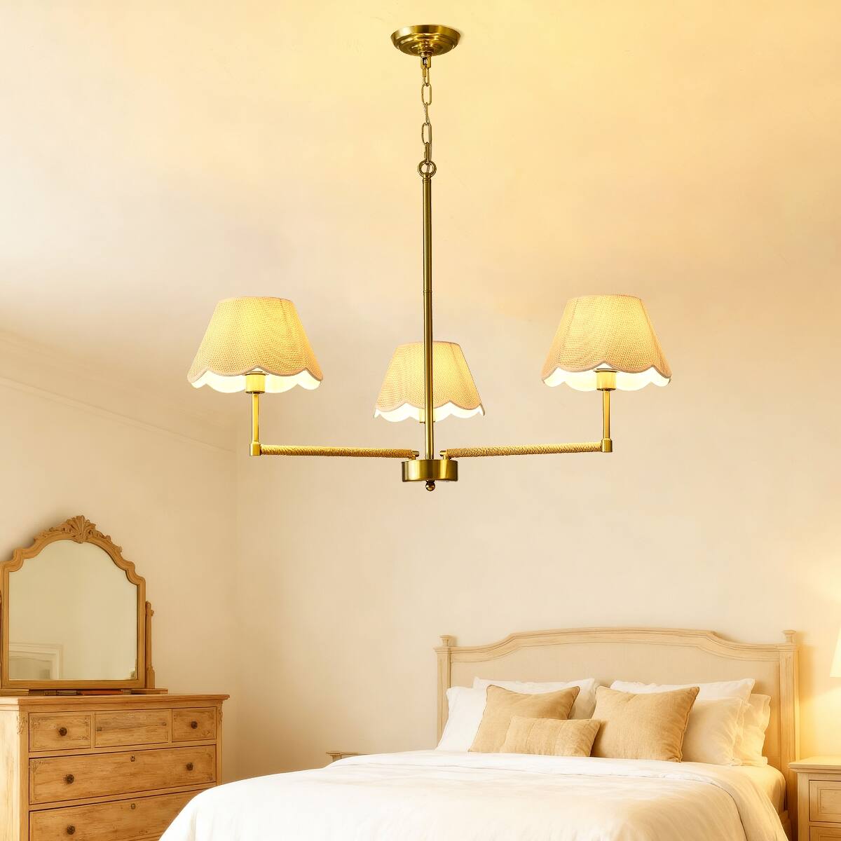Alt View 3. Loheer - Loheer Three Light Gold Chandelier with Fabric Shades and Rope Accents for Dining Room or Living Room.