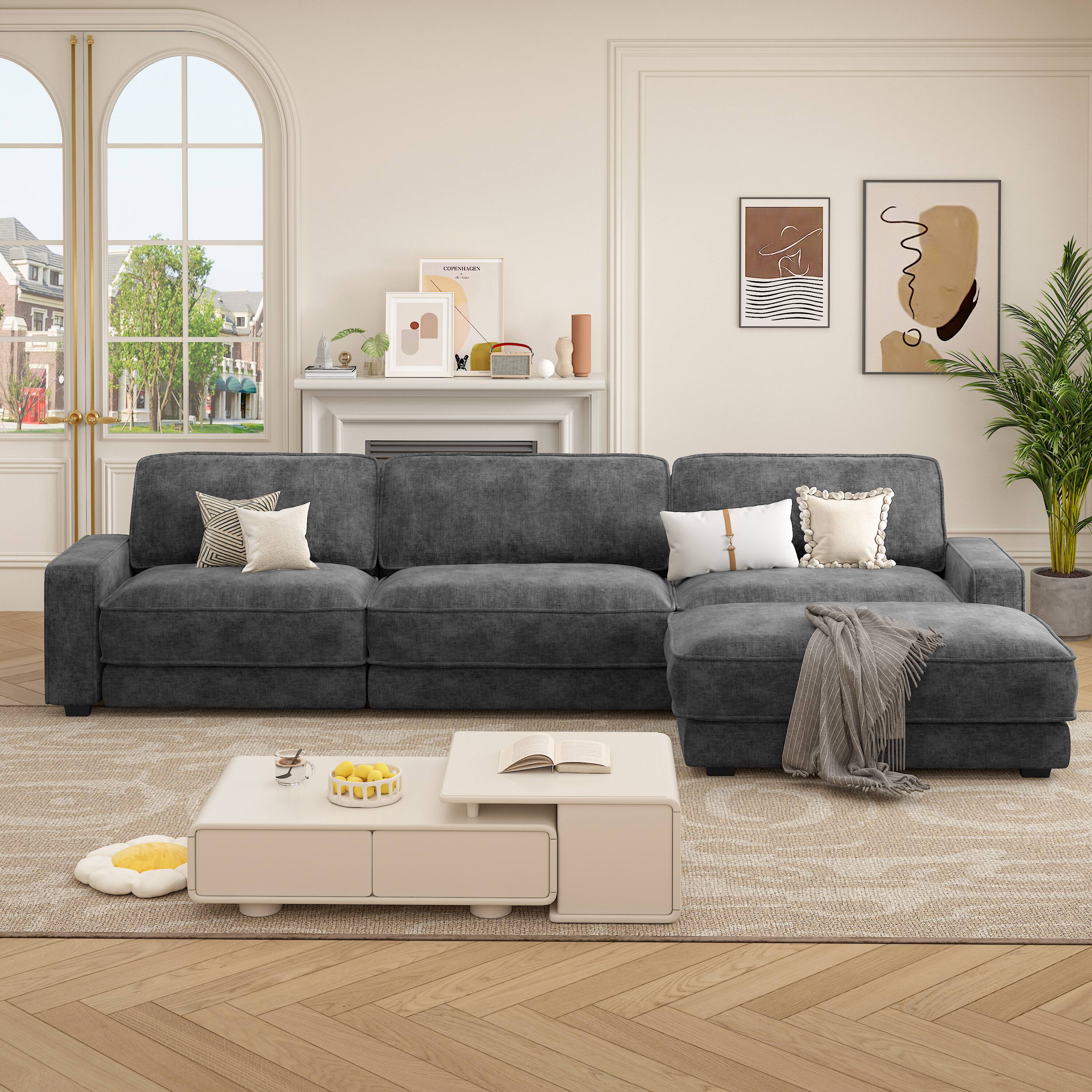 Angle. Vipbear - Vipbear 119" L Shaped Couch Modular Sectional Sleeper Sofa, CHENILLE Fabric, Tool-Free Assembly,Gray - Gray.