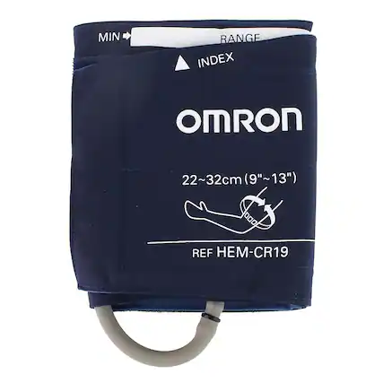 The text on the image reads "MIN RANGE INDEX OMRON 22~32cm (9"~13") REF HEM-CR19." This text is grouped and corrected as follows:
"Min Range Index Omron 22-32cm (9"-13") Ref Hem-Cr19."
