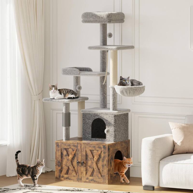 Alt View 4. GARVEE - All-in-One Cat Tree w/Litter Box Enclosure - Modern Cat Tower w/Scratching Posts, Hammock, Condo & Hidden Storage - Brown.