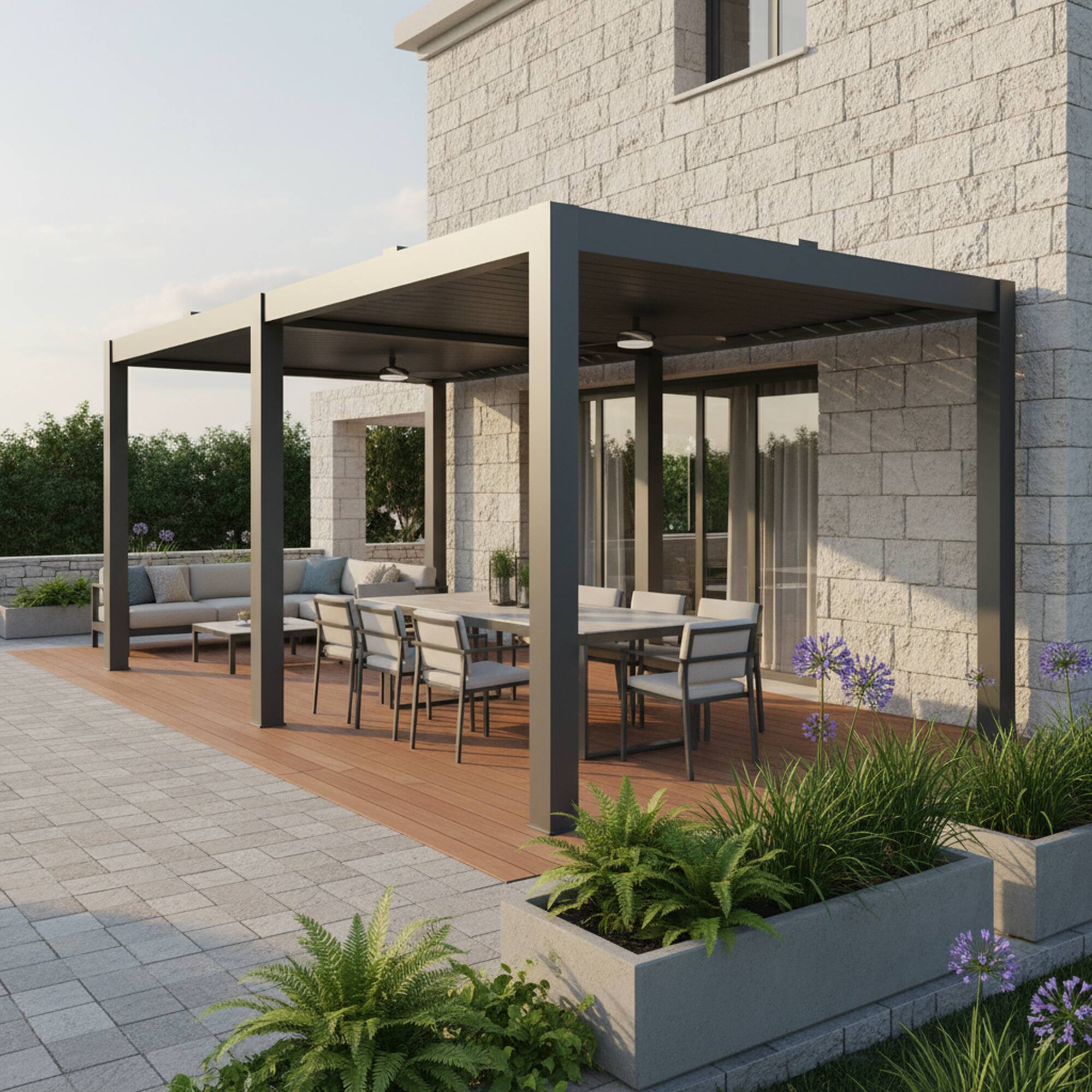 Left. Mondawe - 10ft x 24ft Solar-Powered Aluminum Pergola with Adjustable Louvers and Hidden Drainage System - Grey.