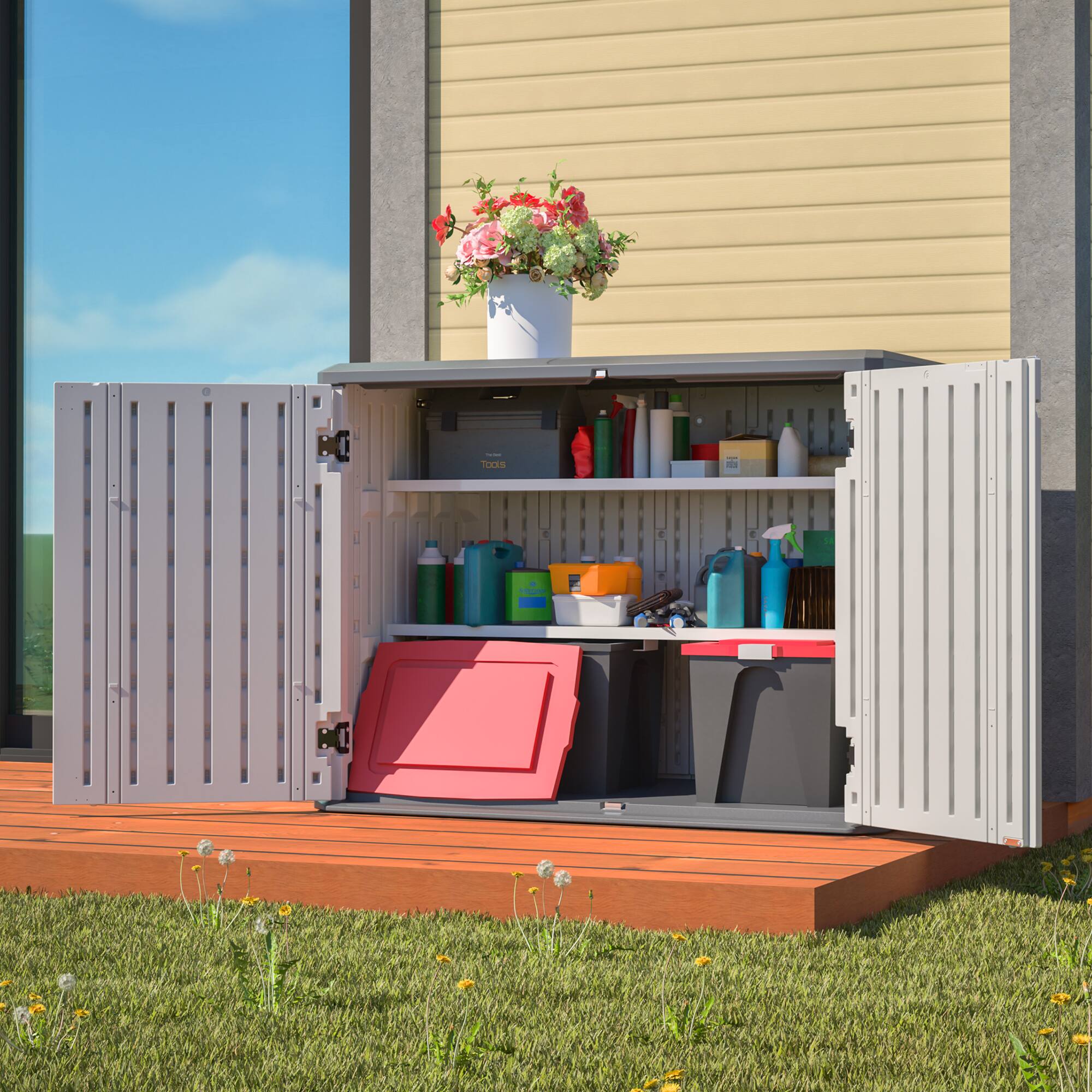 Left. Mondawe - 28 Cu.ft HDPE Plastic Storage Shed with Removable Shelf - White.