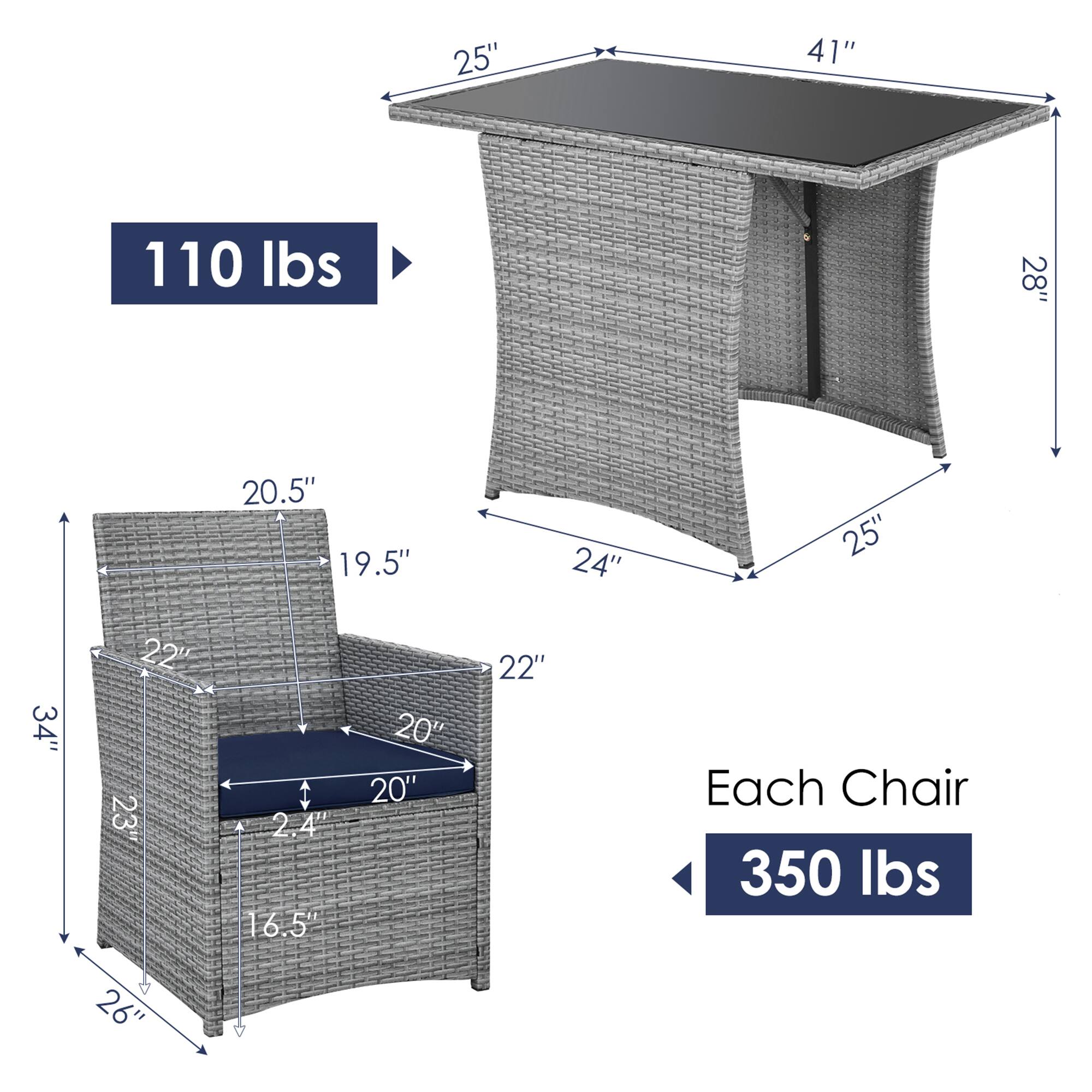 - Table: 110 lbs
- Each Chair: 350 lbs

Dimensions:
- Table: 41" x 25" x 28"
- Chair: 26" x 24" x 34"
- Seat: 20" x 20"
- Backrest: 22" x 20.5"
- Armrest: 25" x 19.5"
- Seat Height: 2.4"
- Overall Height: 23"