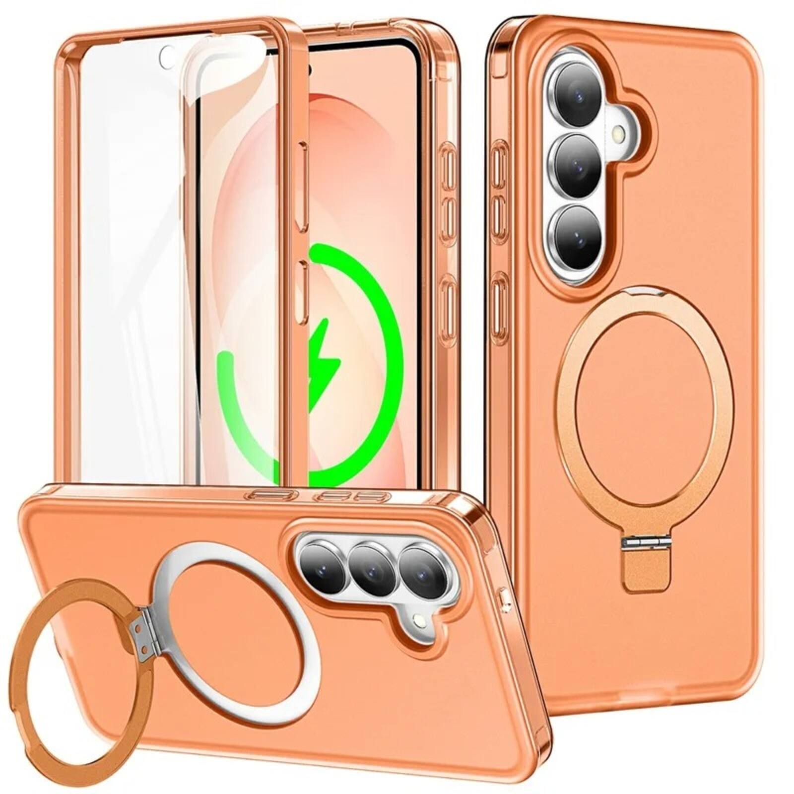 Front. UUCOVER - Magnetic Kickstand Case for Samsung Galaxy S26+ with PET Screen Protector, Metal Ring Holder, Frosted Full Body Cover - Orange.