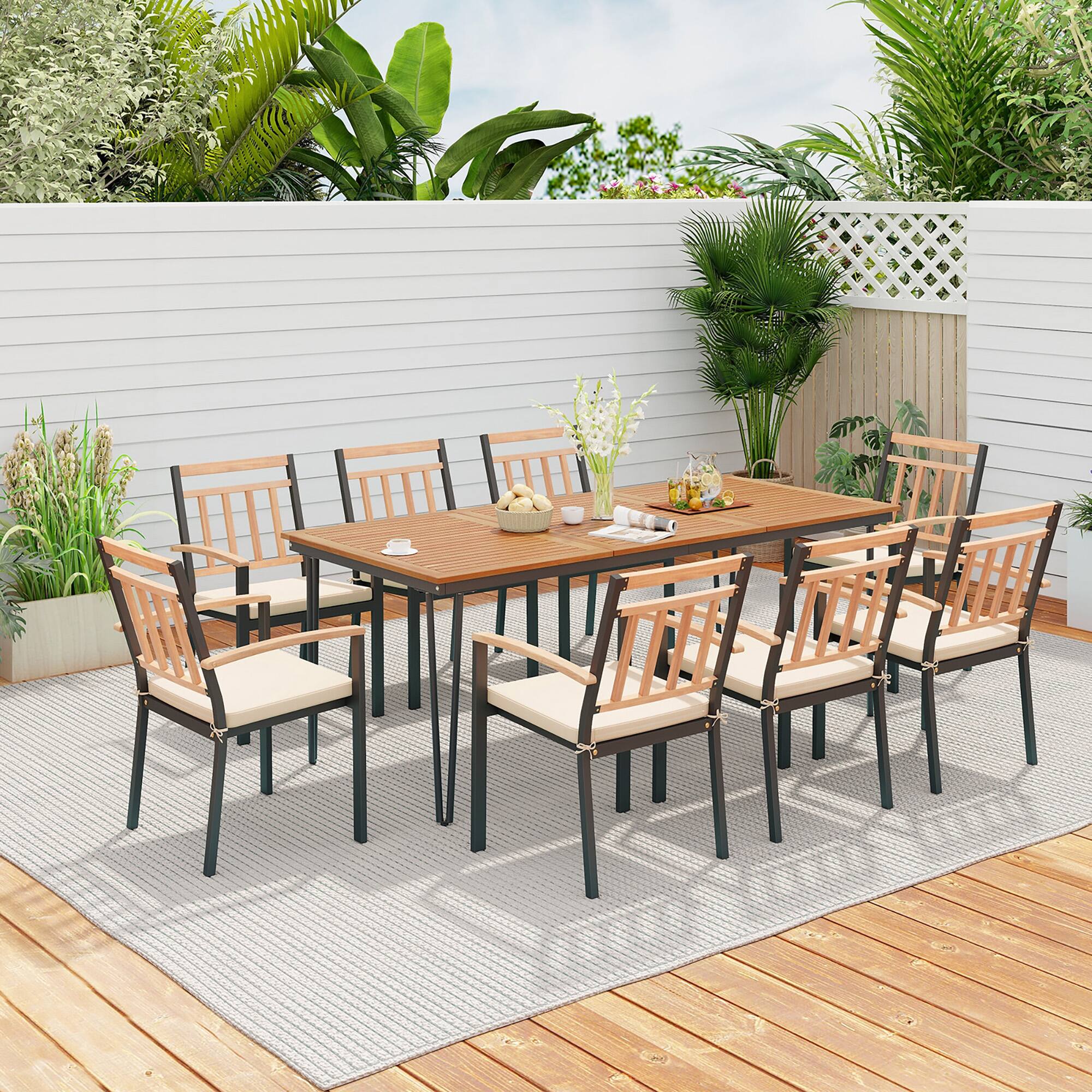 Alt View 1. Gymax - Gymax 9 PCS Patio Dining Set w/ Rectangular Acacia Wood Dining Table 8 Cushioned Chairs - Natural, Black.