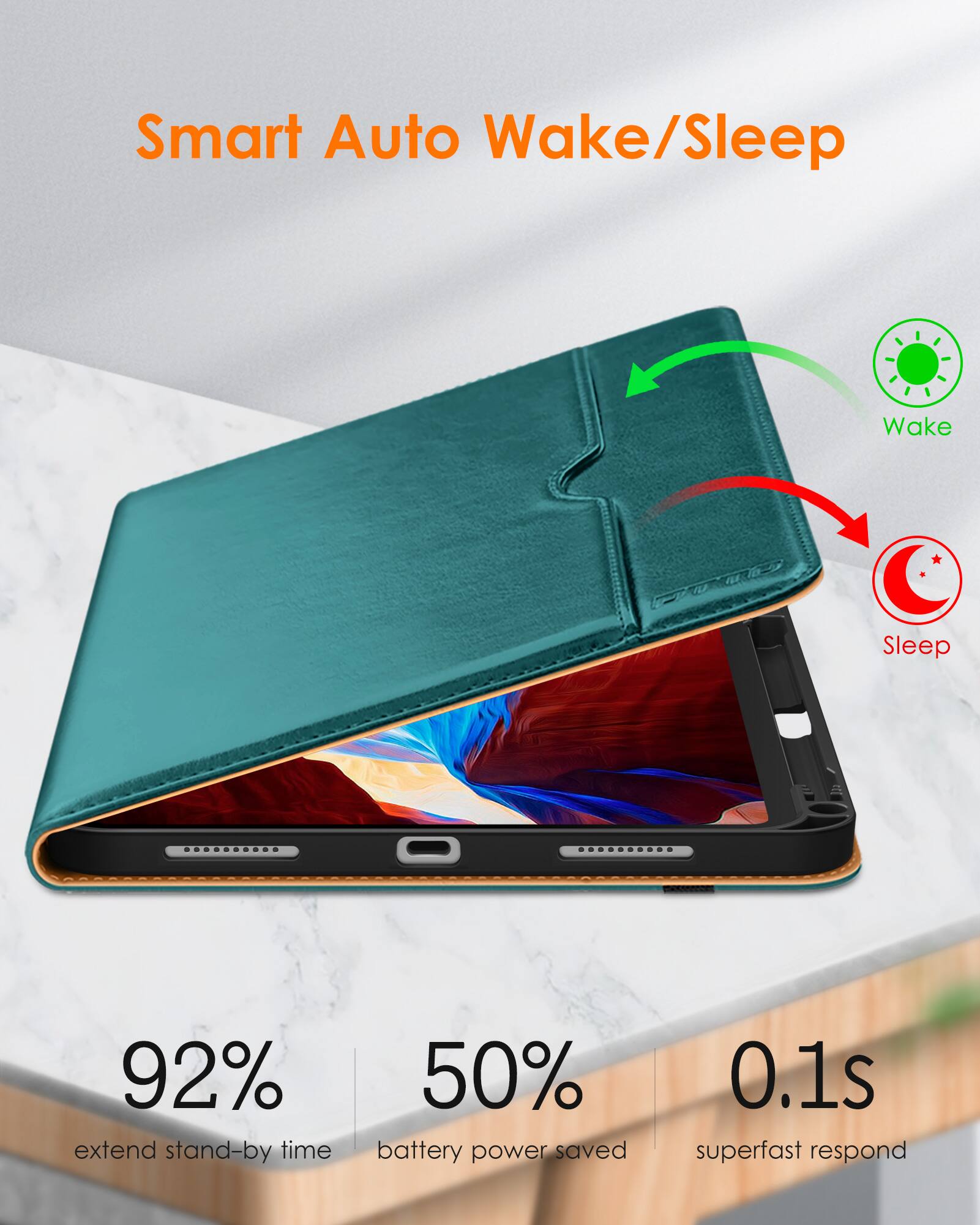 Smart Auto Wake/Sleep

- 92% extend stand-by time
- 50% battery power saved
- 0.1s superfast respond

Wake
Sleep