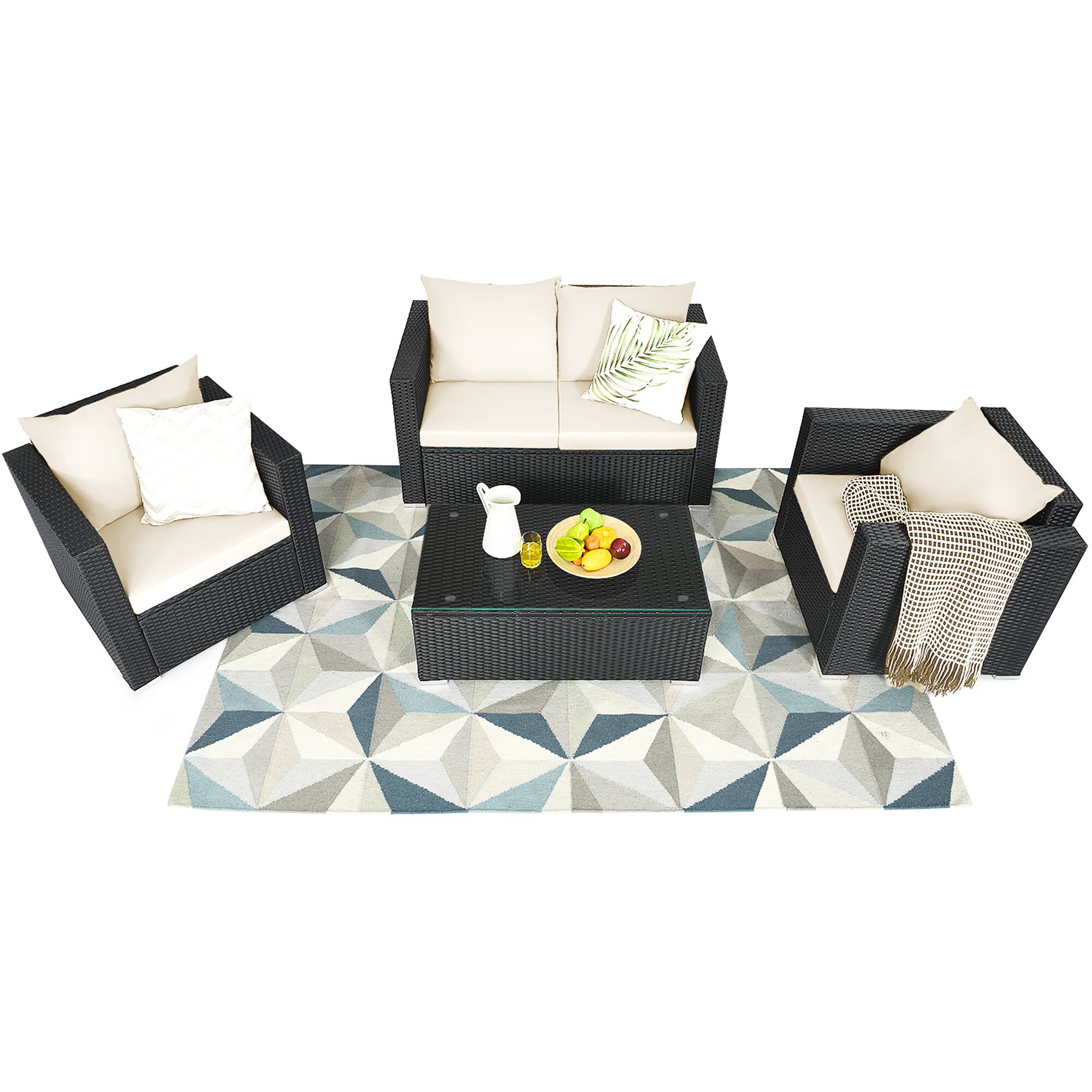 Alt View 3. Gymax - Gymax 4PCS Rattan Patio Conversation Set Outdoor Furniture Set w/ Off White Cushions - Off White.