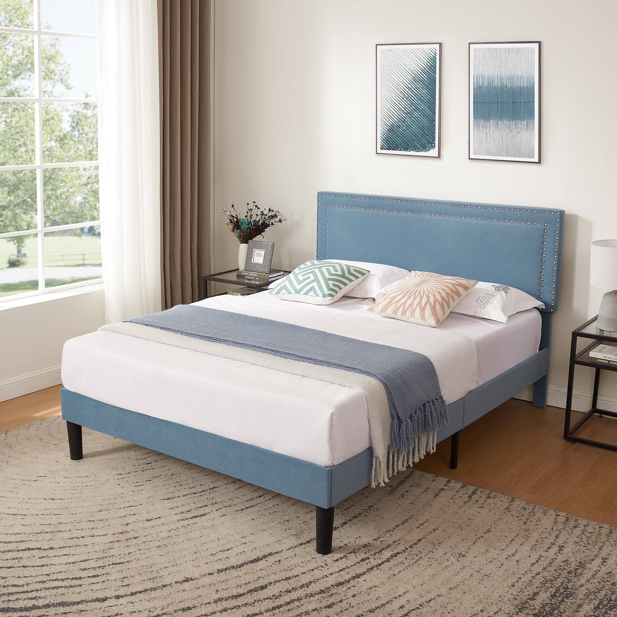 Left. Vecelo - Full Size Platform Bed Frame with Adjustable Upholstered Headboard, Strong Wood Slat Support,No Box Spring Needed - Light Blue.