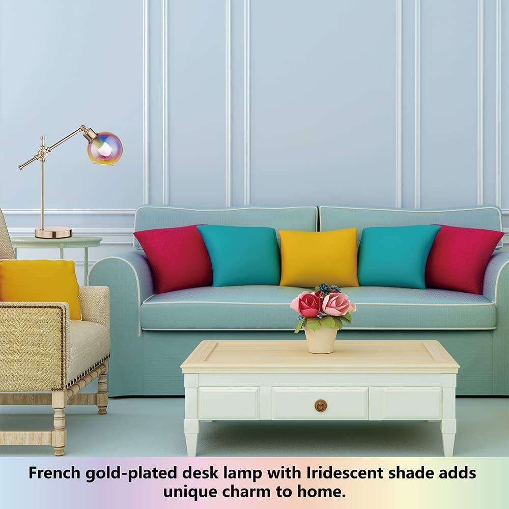 French gold-plated desk lamp with Iridescent shade adds unique charm to home.