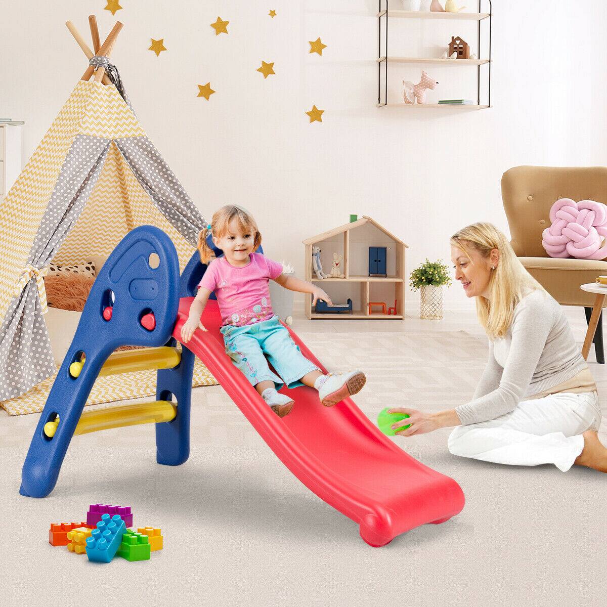 Alt View 1. Gymax - Gymax 2 Step Children Folding Slide Plastic Fun Toy Up-down For Kids Indoor & Outdoor - Dark blue + Red + Yellow.
