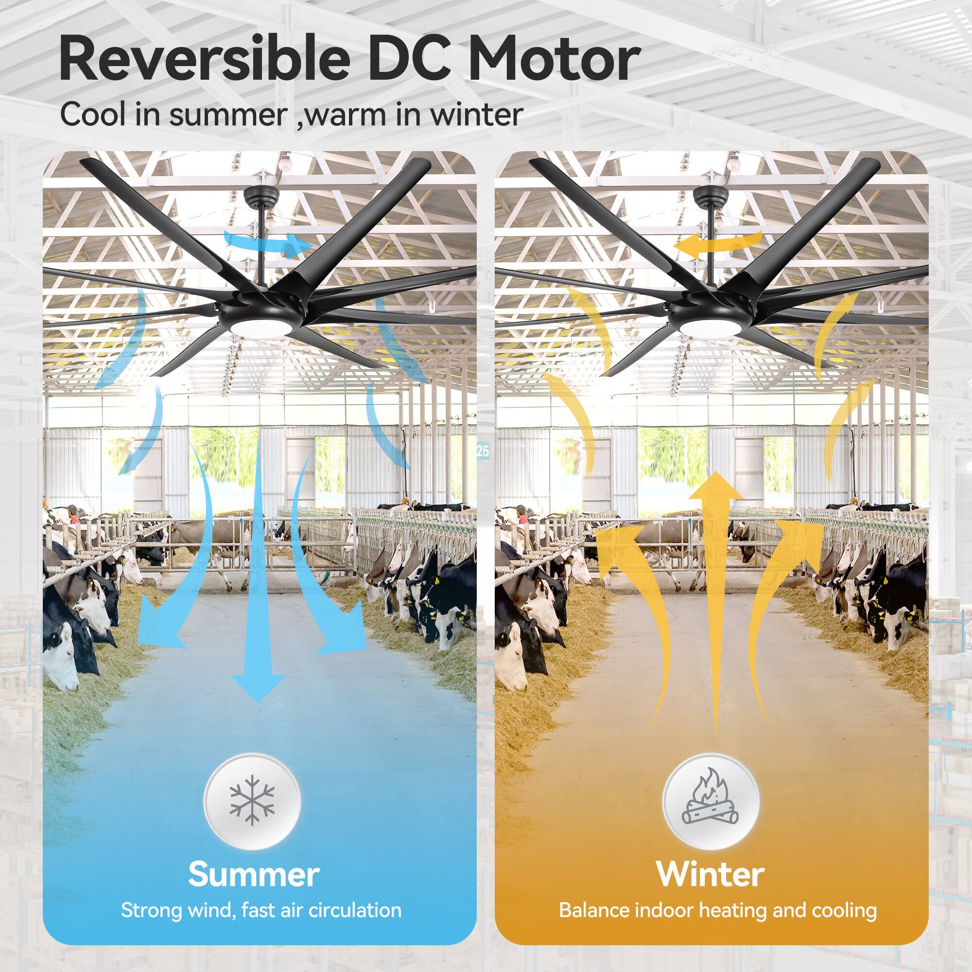 Reversible DC Motor  
Cool in summer, warm in winter  

Summer  
Strong wind, fast air circulation  

Winter  
Balance indoor heating and cooling