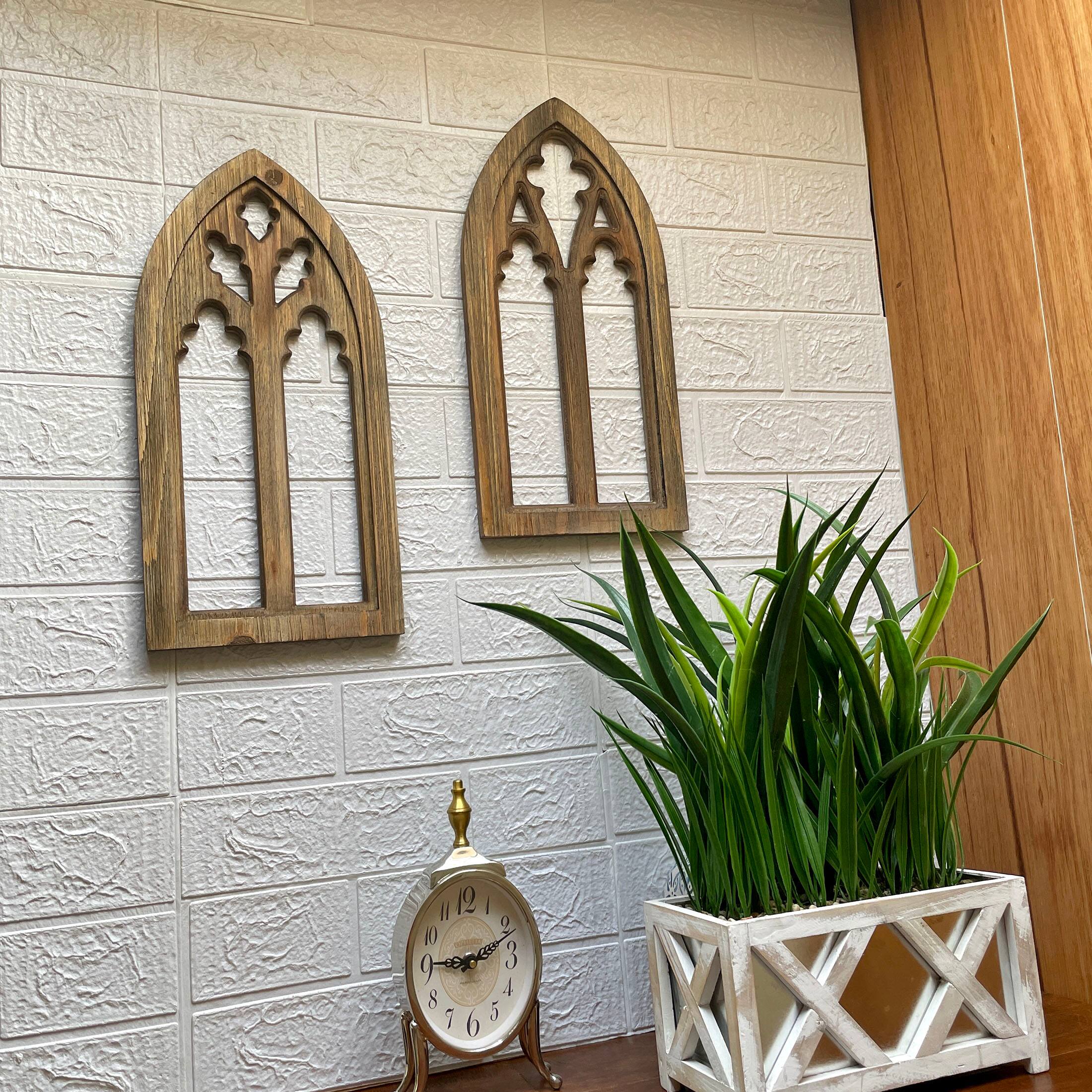 Alt View 3. Zeckos - Blackwashed Wood Gothic Arch Window Frame Wall Decor 2 Piece Set - Black.