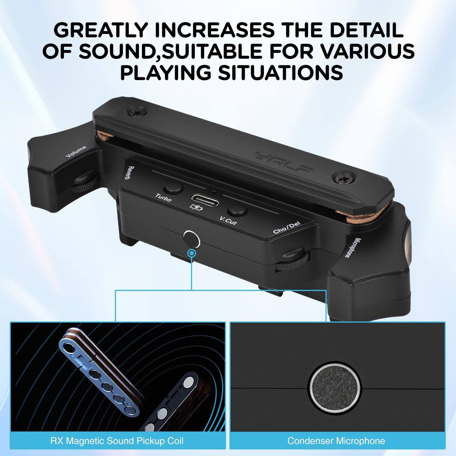 GREATLY INCREASES THE DETAIL OF SOUND, SUITABLE FOR VARIOUS PLAYING SITUATIONS

- Volume
- Reverb
- Turbo
- V Cut
- Cho/Del
- Del Cho

RX Magnetic Sound Pickup Coil

Condenser Microphone