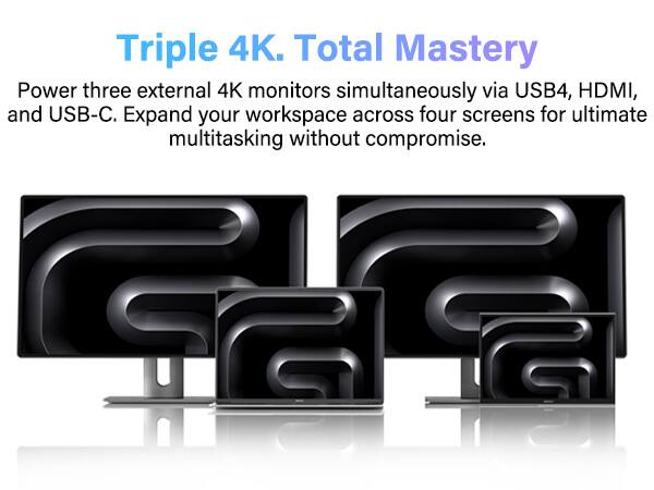 Triple 4K. Total Mastery

Power three external 4K monitors simultaneously via USB4, HDMI, and USB-C. Expand your workspace across four screens for ultimate multitasking without compromise.