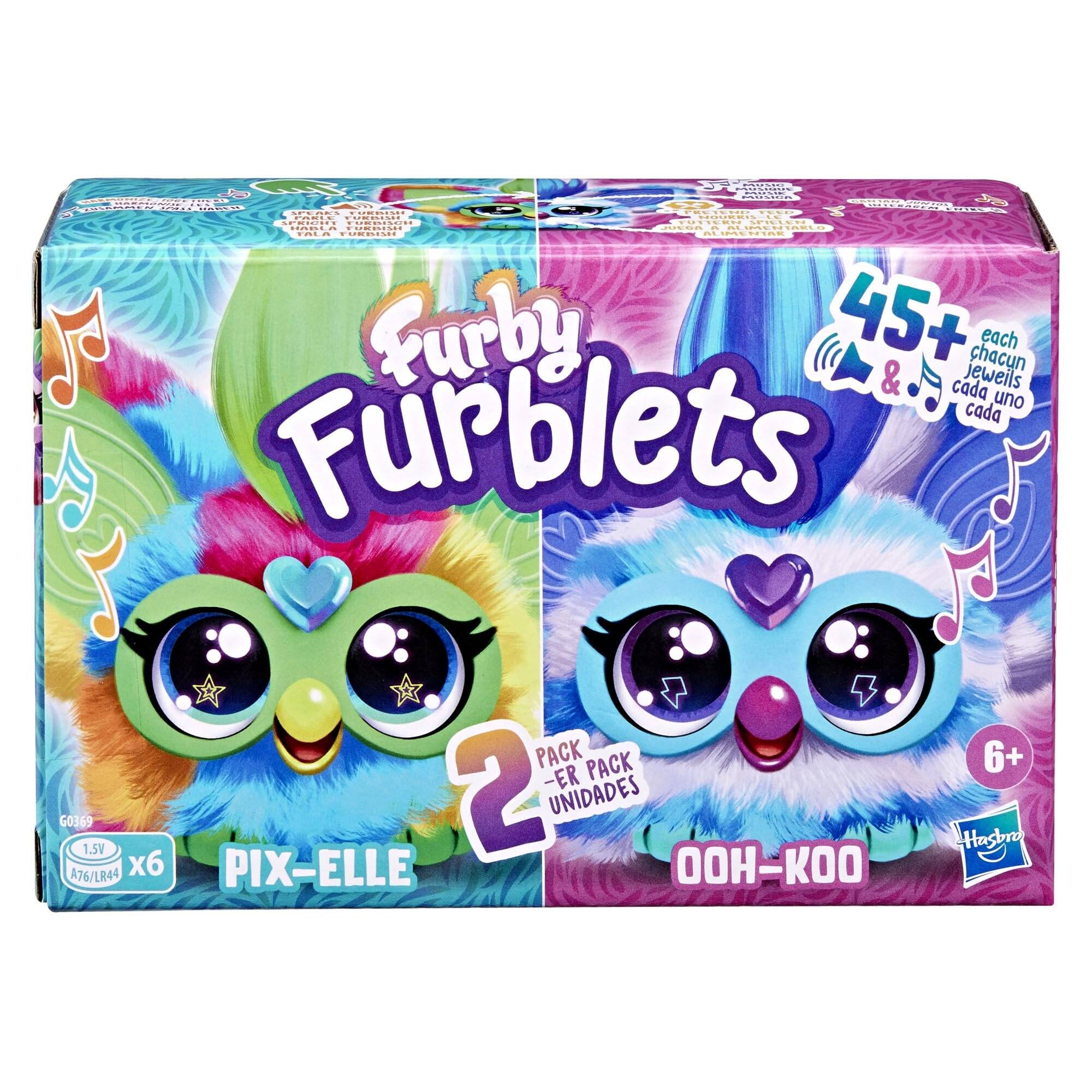 Furby Furblets  
45+ each & chaque & cada uno  
2 PACK PACK 2 -ER UNIDADES  
PIX-ELLE OOH-KOO  
6+  
A76/LR44 x6  
1.5V  
GO369  
Hasbro