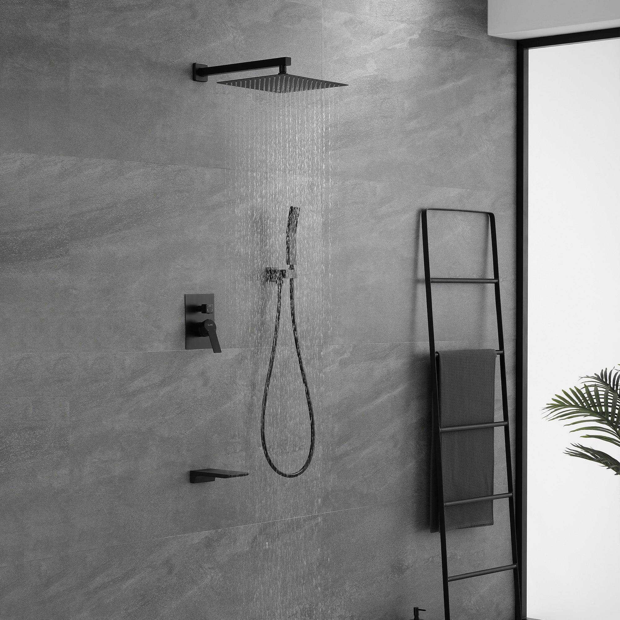 Left. Boyel Living - Wall Mount Single-Handle 1-Spray Tub and Shower Faucet with 12 in. Fixed Shower Head in Matte Black (Valve Included) - Matte Black.