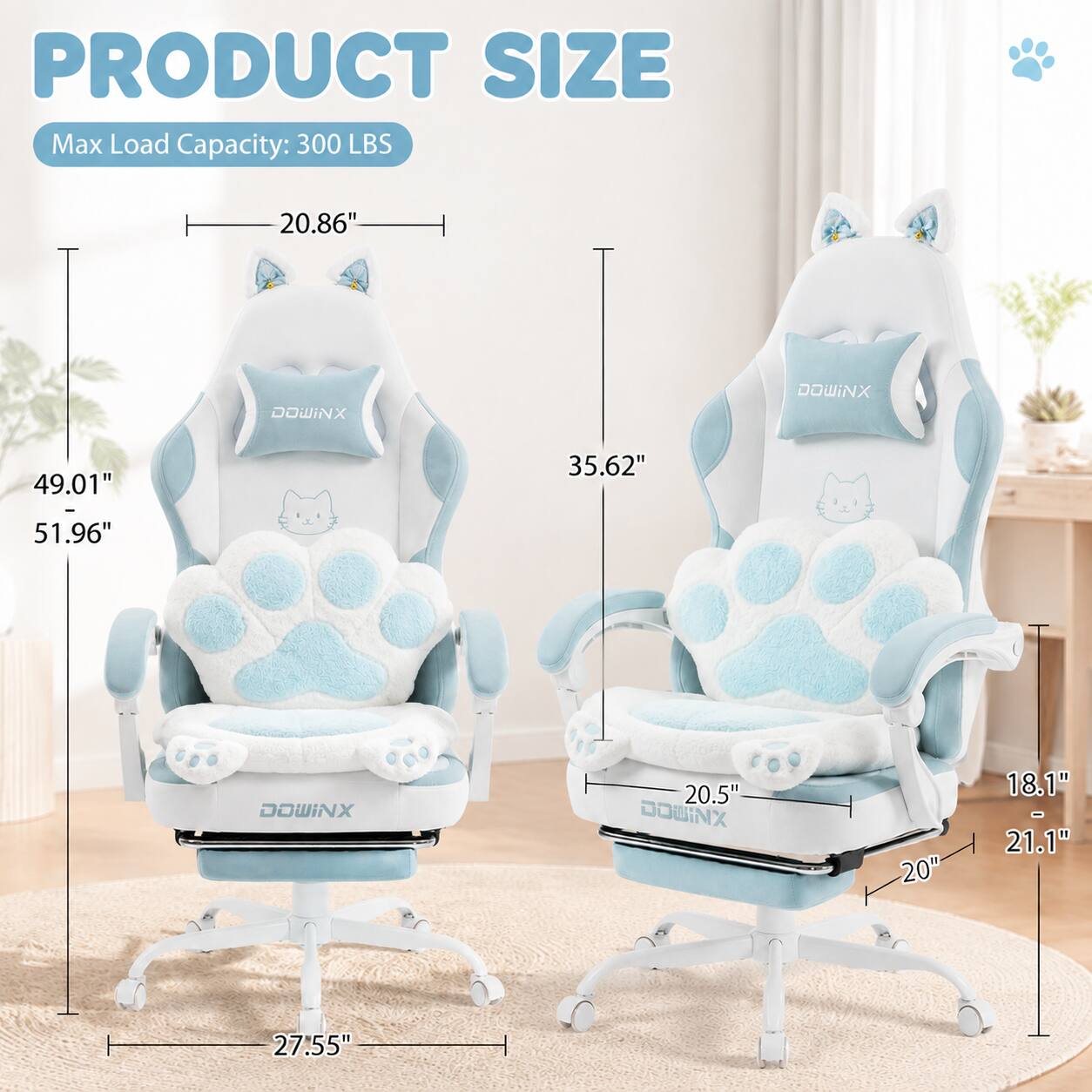 PRODUCT SIZE  
Max Load Capacity: 300 LBS  
20.86"  
49.01"  
51.96"  
35.62"  
20.5"  
18.1" - 21.1"  
27.55"