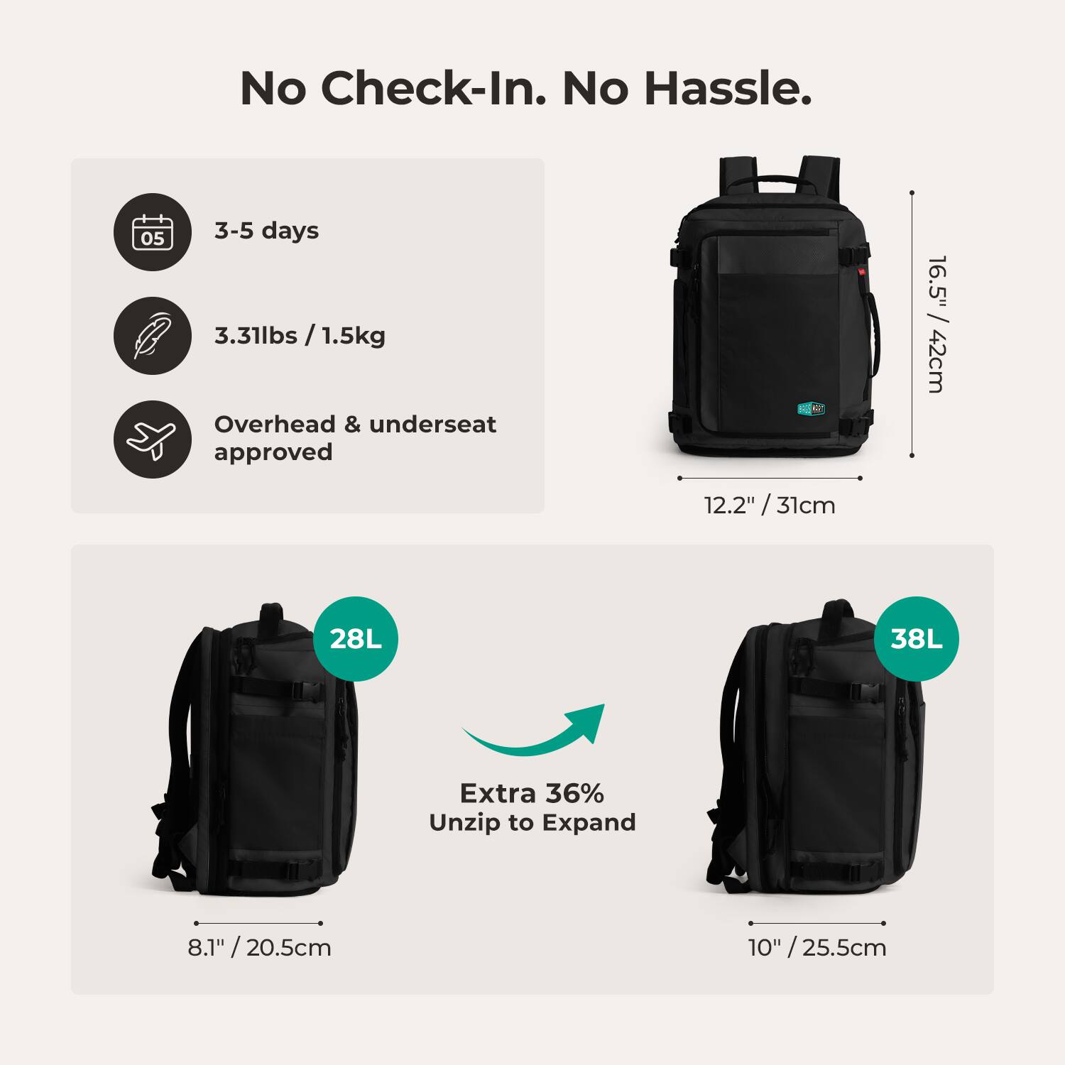 No Check-In. No Hassle.  
3-5 days  
3.31lbs / 1.5kg  
Overhead & underseat approved  
16.5" / 42cm  
12.2" / 31cm  
28L  
Extra 36% Unzip to Expand  
8.1" / 20.5cm  
10" / 25.5cm  
38L