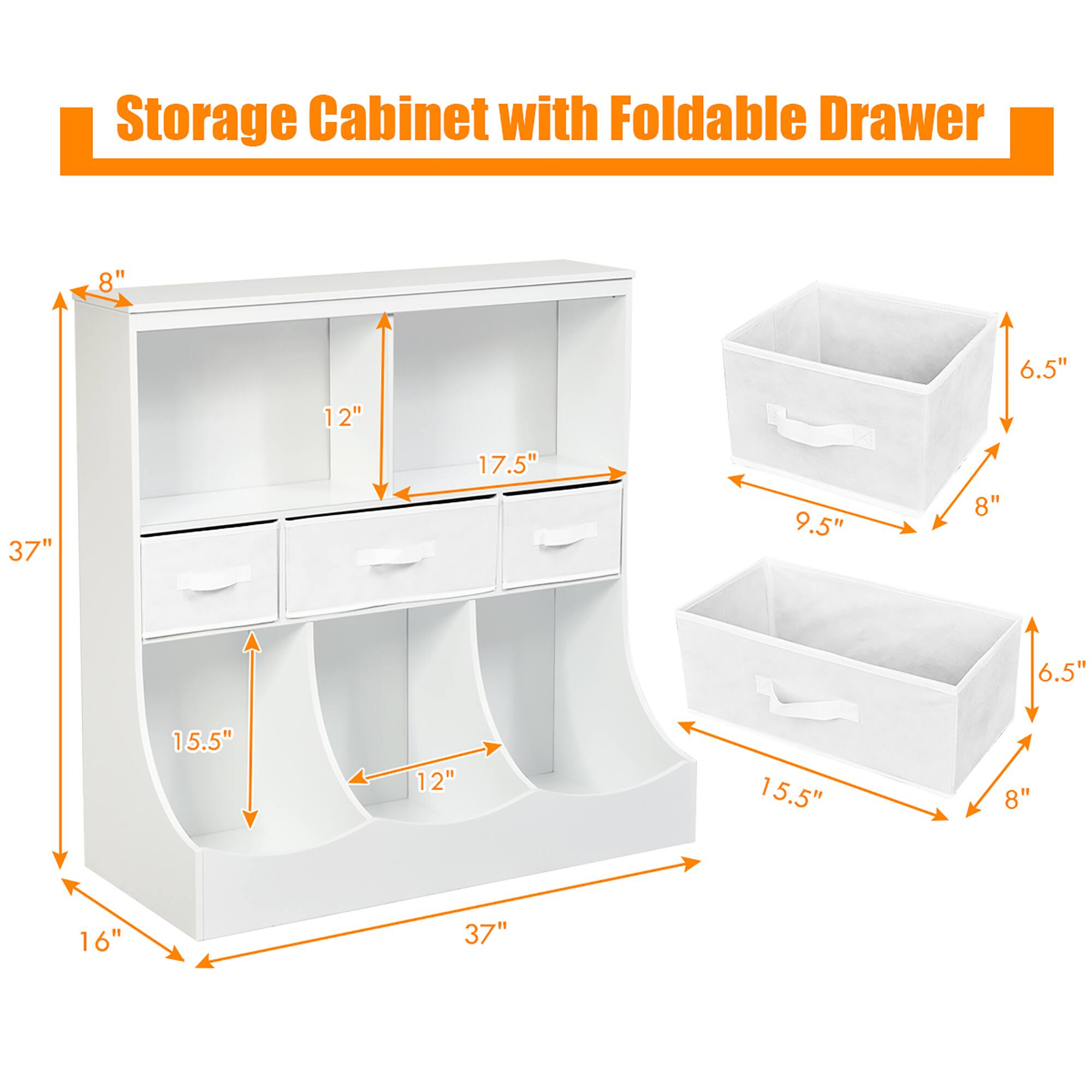 Storage Cabinet with Foldable Drawer

- Height: 37"
- Width: 37"
- Depth: 16"
- Top Shelf: 8" x 17.5"
- Middle Shelf: 12" x 15.5"
- Bottom Shelf: 12" x 15.5"
- Drawer: 8" x 9.5" x 6.5"