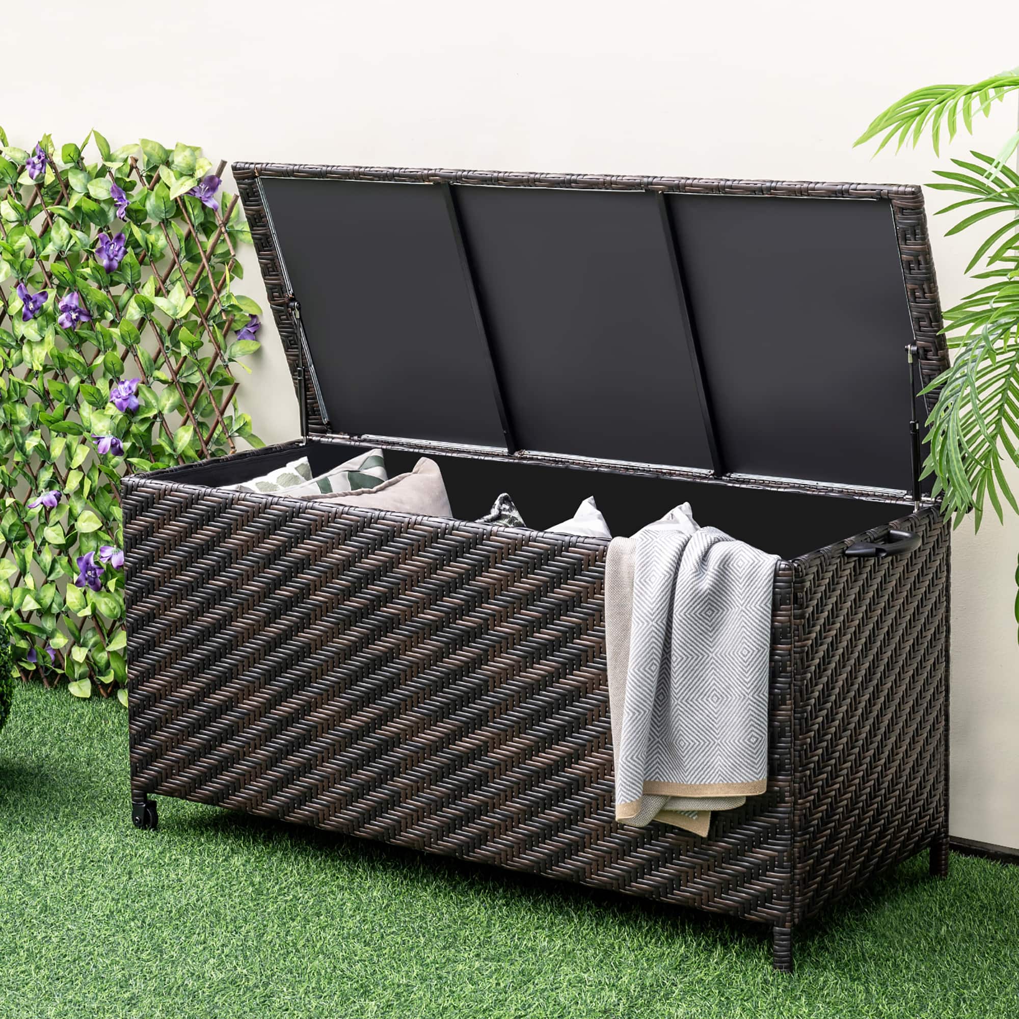 Gymax - Tightly-Woven Rattan Deck Box w/ Polyester Liner Universal Wheels & Gas Strut - Brown