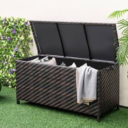 Gymax - Tightly-Woven Rattan Deck Box w/ Polyester Liner Universal Wheels & Gas Strut - Brown