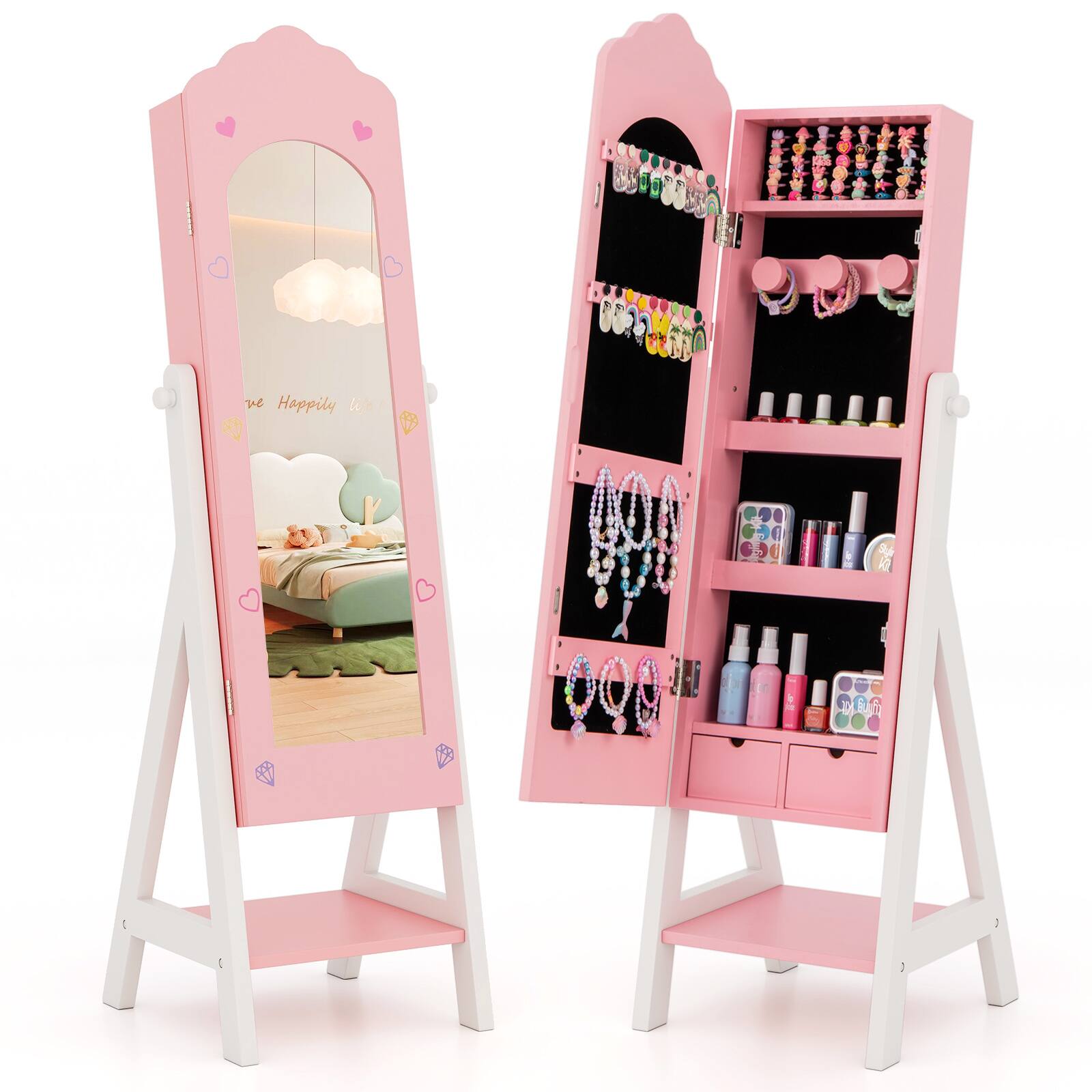 Costway - Kids Jewelry Cabinet with Full-Length Mirror, Freestanding Jewelry Armoire Organizer for Girls - Pink