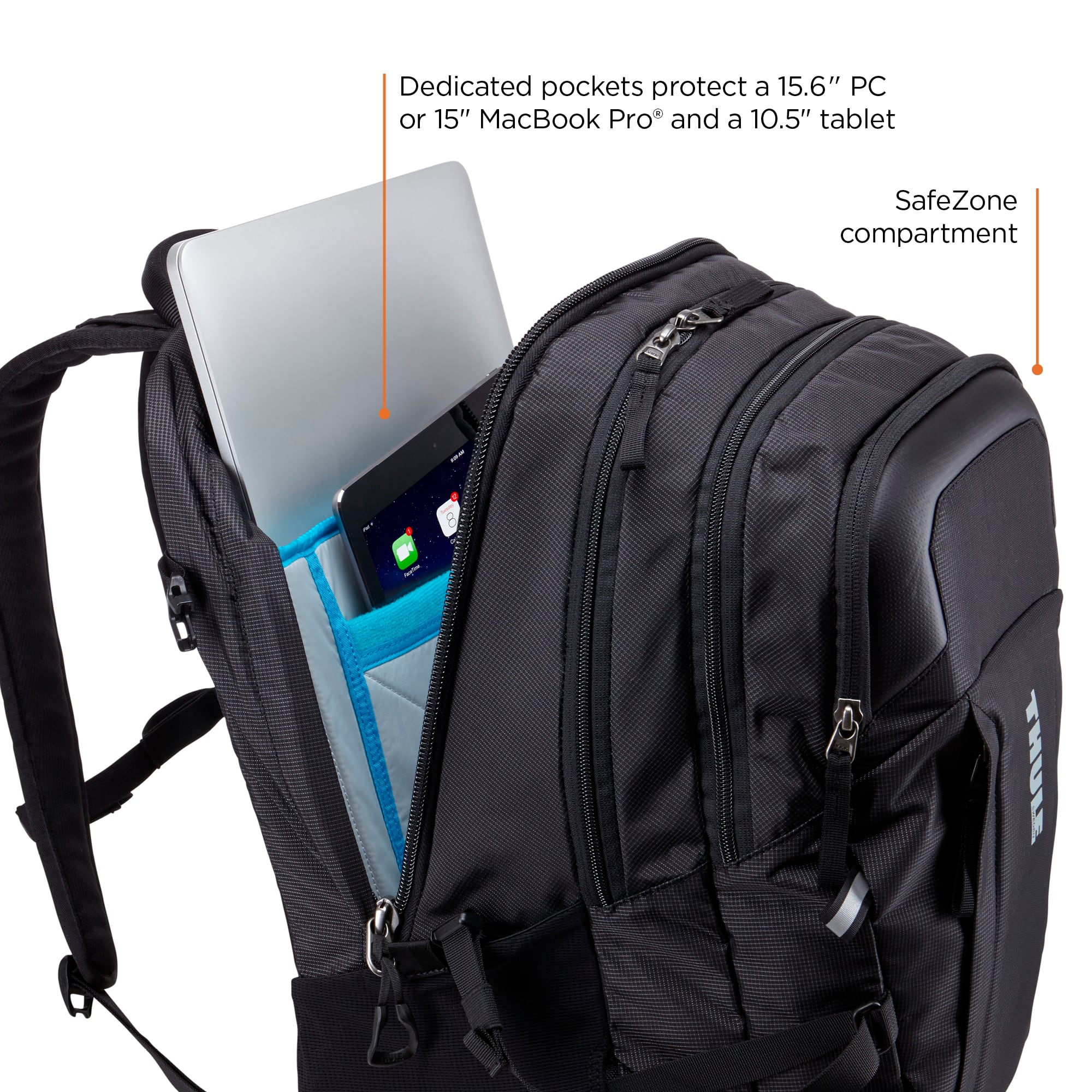 Dedicated pockets protect a 15.6" PC or 15" MacBook Pro and a 10.5" tablet. SafeZone compartment.