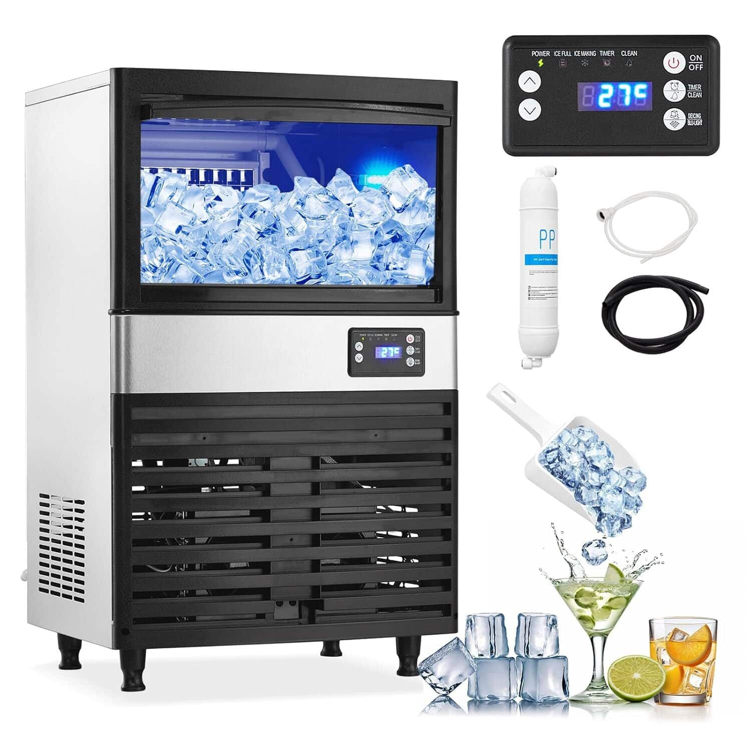 Acekool - 150LBS/24H Commercial Ice Maker Machine for Restaurant, Bar, Coffee Shop, Office - Silver