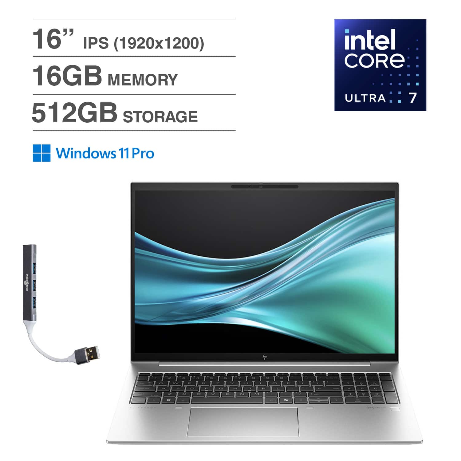 HP - EliteBook 860 Laptop 16.0 WUXGA (Intel Ultra 7 165U , 16GB DDR5, 512GB PCIe SSD, Win 11 Pro) w/USB Hub - Silver