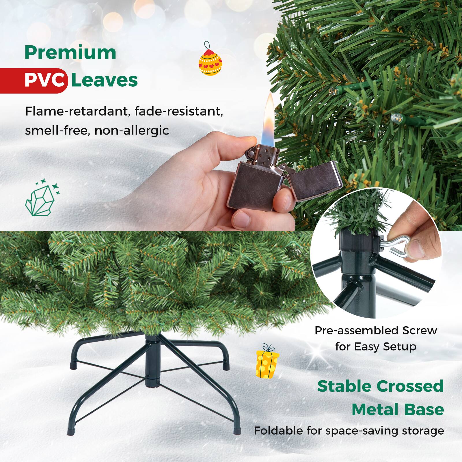 Premium PVC Leaves

Flame-retardant, fade-resistant, smell-free, non-allergic

Pre-assembled Screw for Easy Setup

Stable Crossed Metal Base

Foldable for space-saving storage