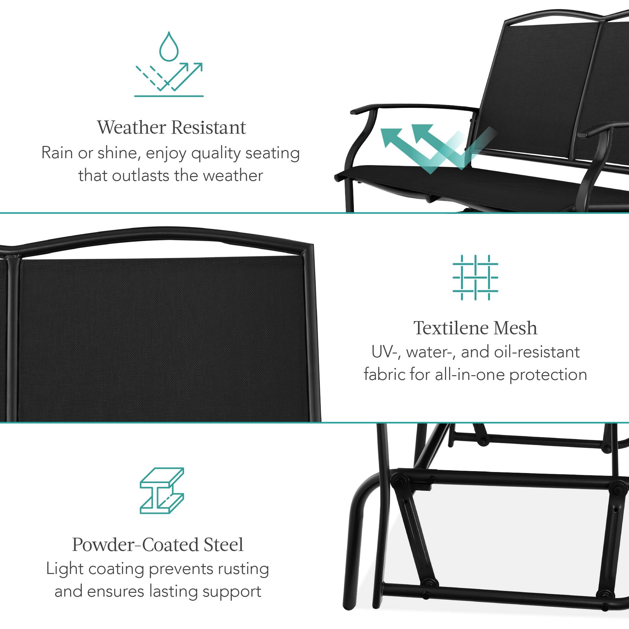 Weather Resistant  
Rain or shine, enjoy quality seating that outlasts the weather  

Textilene Mesh  
UV-, water-, and oil-resistant fabric for all-in-one protection  

Powder-Coated Steel  
Light coating prevents rusting and ensures lasting support