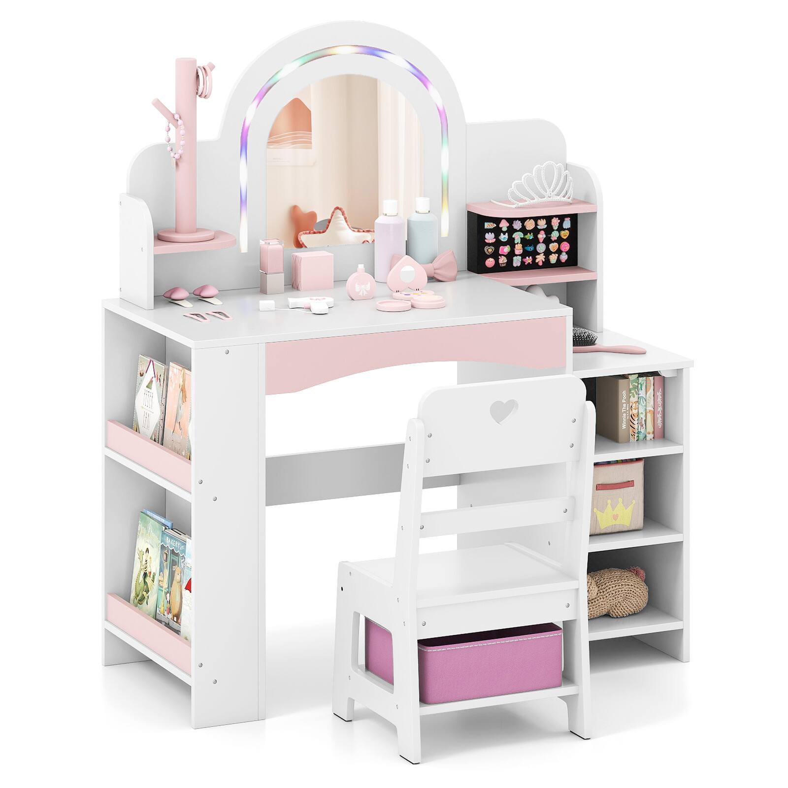 Gymax - Kids Vanity Desk w/Mirror & Lights Princess Pretend Play Makeup Table - White