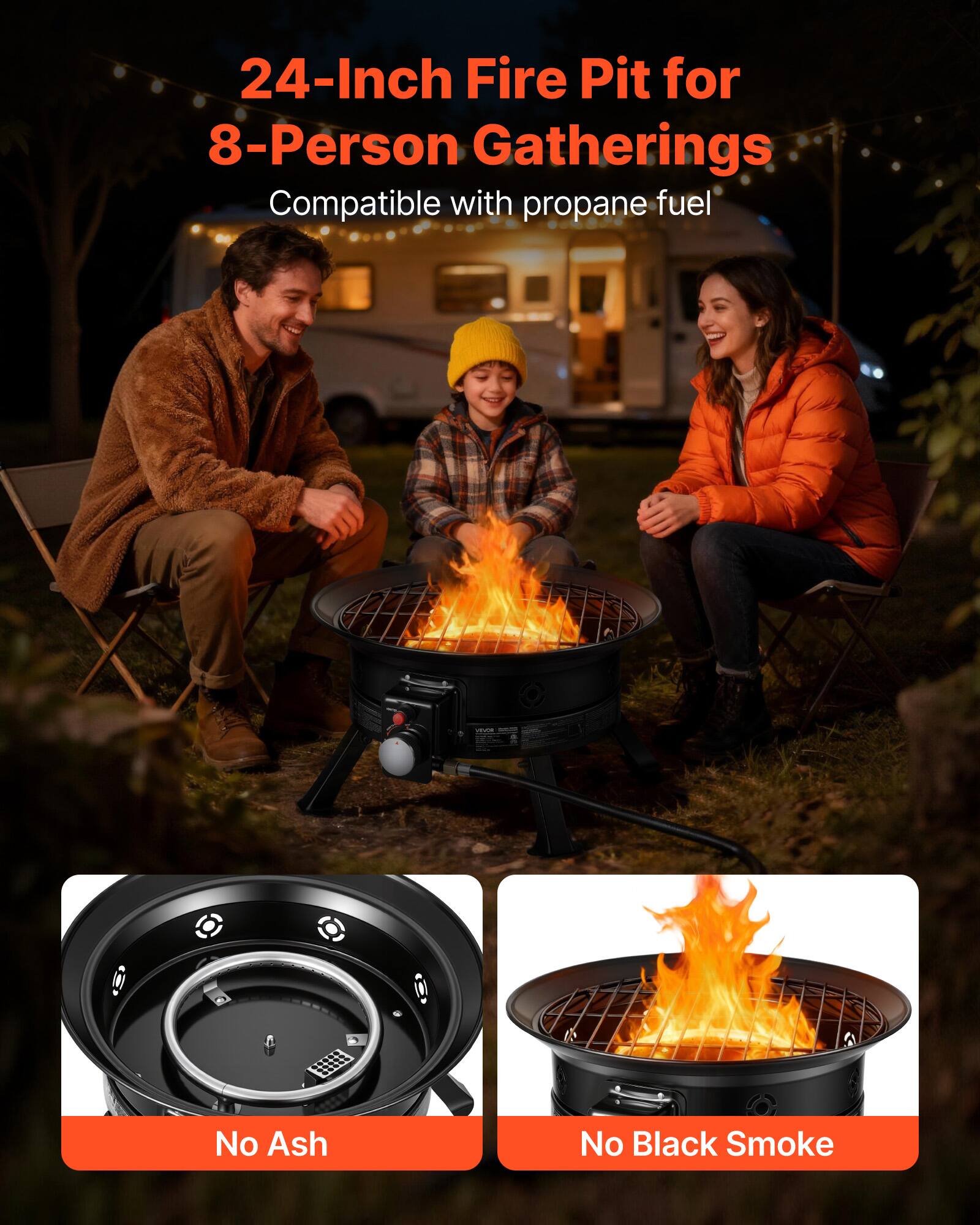 24-Inch Fire Pit for 8-Person Gatherings  
Compatible with propane fuel  

No Ash  
No Black Smoke