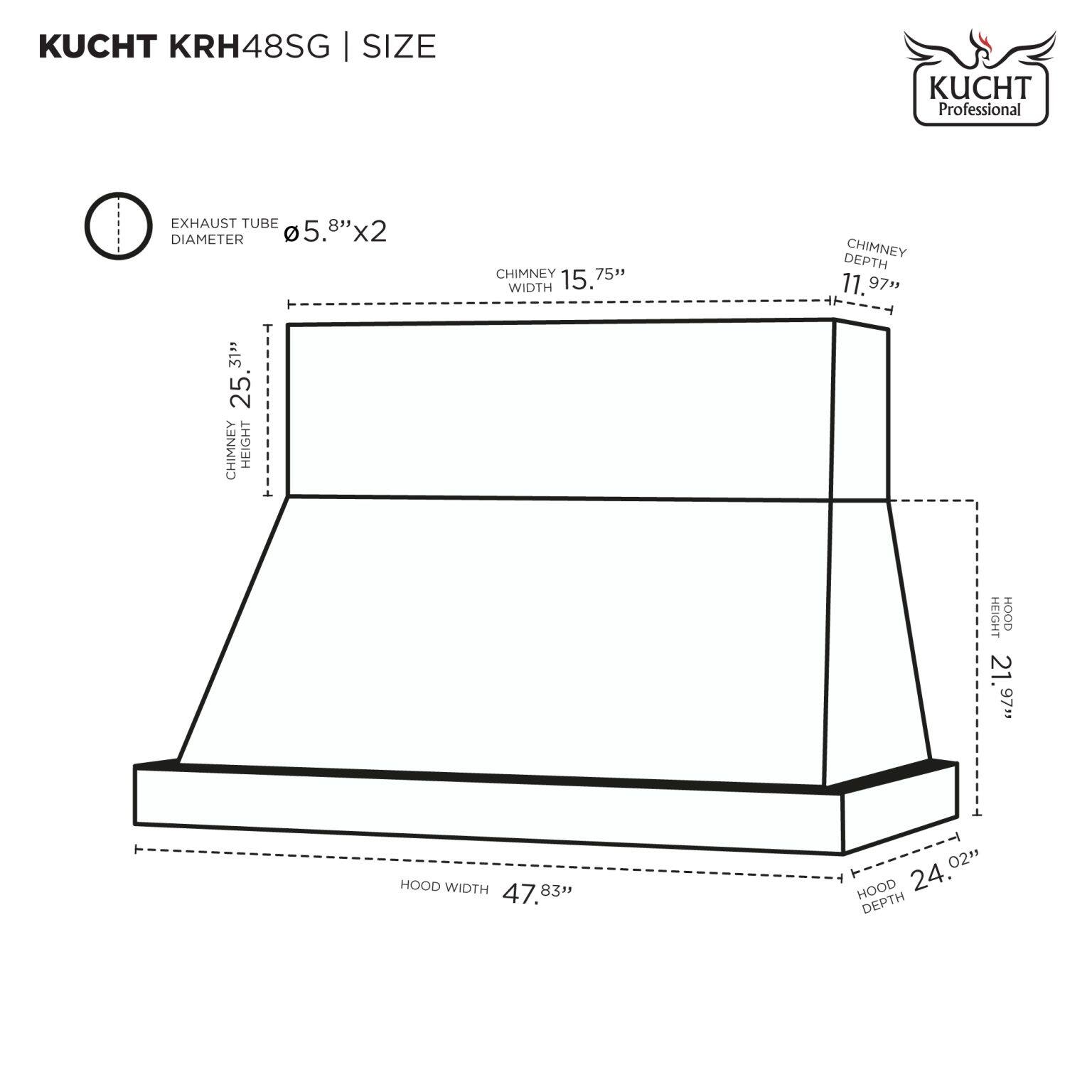 KUCHT KRH48SG | SIZE

- EXHAUST TUBE DIAMETER: 5.8" x 2
- CHIMNEY HEIGHT: 35.31"
- CHIMNEY WIDTH: 15.75"
- CHIMNEY DEPTH: 11.97"
- HOOD WIDTH: 47.83"
- HOOD DEPTH: 24.02"
- HOOD HEIGHT: 21.97"
