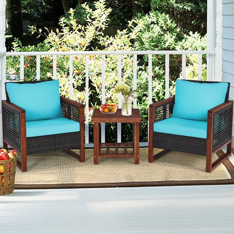 Alt View 2. Mondawe - 3-Piece Patio Wicker Furniture Set w/ Acacia Wood Table, Outdoor Rattan Chairs with Washable Cushions - Light Blue.
