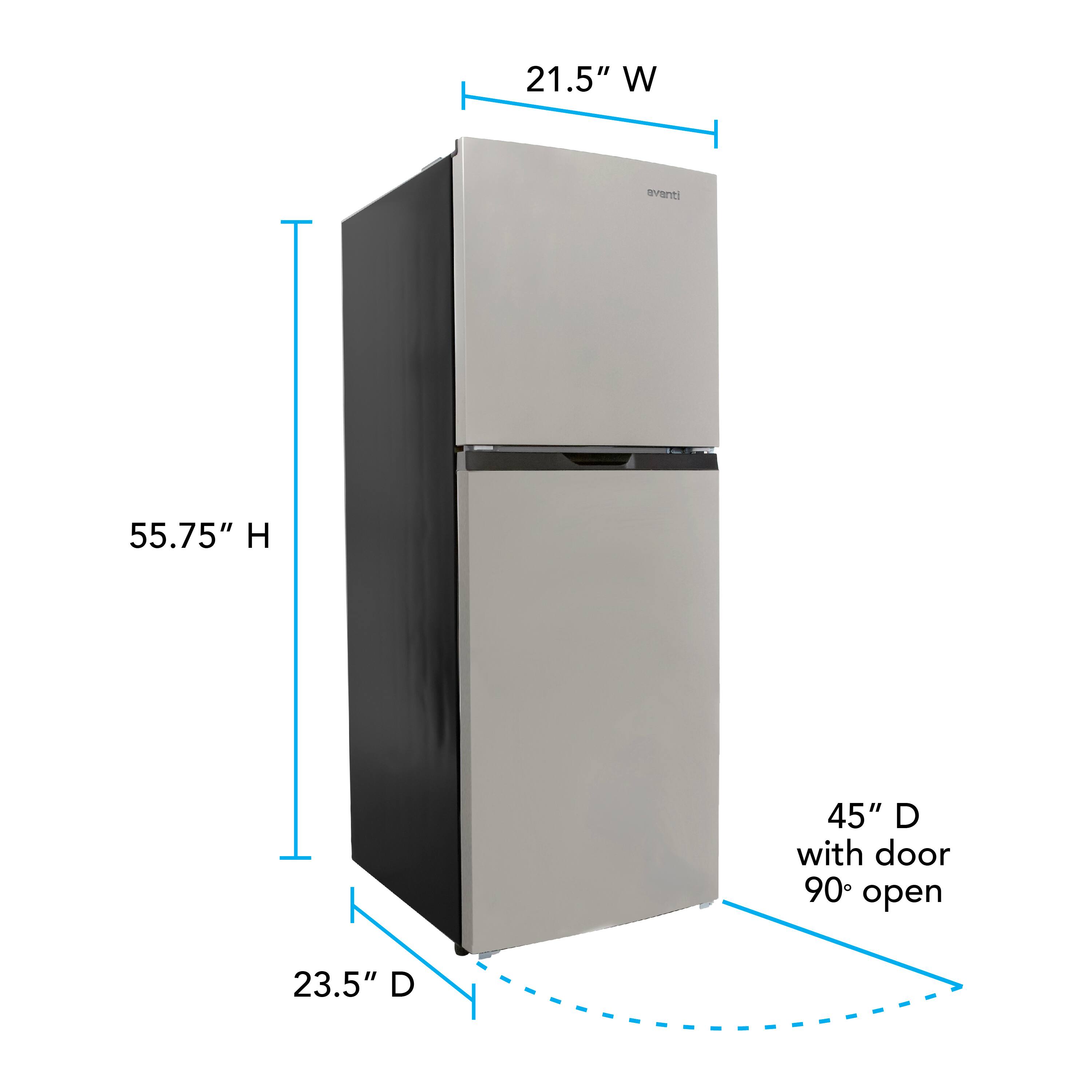 21.5" W, 55.75" H, 45" D with door 90° open, 23.5" D