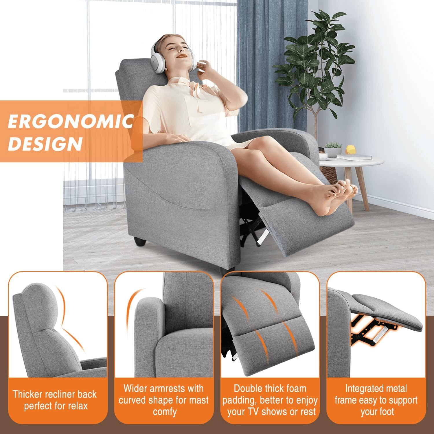 ERGONOMIC DESIGN

- Thicker recliner back perfect for relax
- Wider armrests with Double thick foam curved shape for mast padding, better to enjoy comfy your TV shows or rest
- Integrated metal frame easy to support your foot