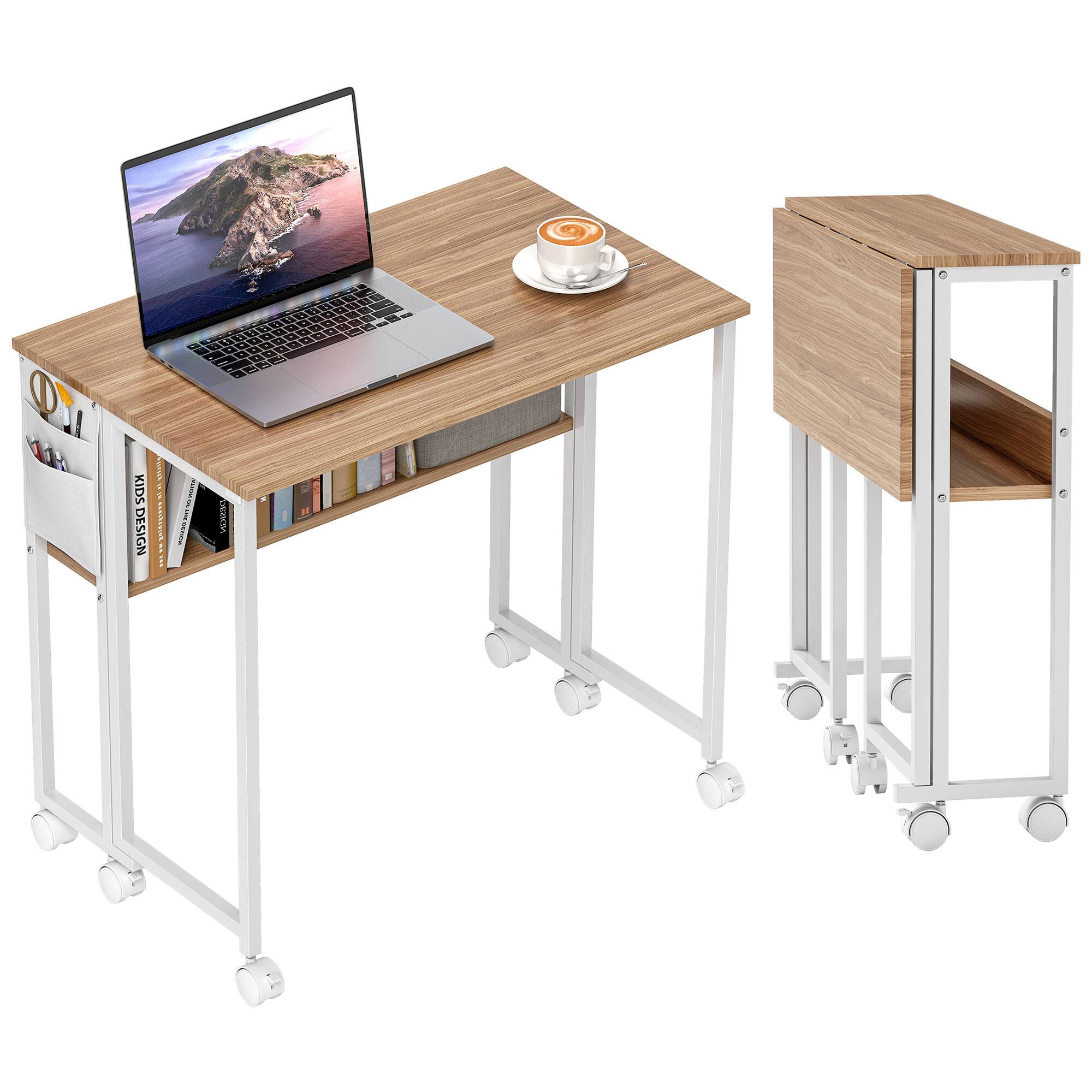 Homcom - Small Folding Desk, Rolling Computer Desk Foldable with Storage Bag and Shelf, 31.5" Portable Writing Table - Natural Wood