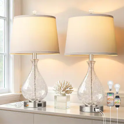 Front. partphoner - Modern Glass Table Lamps Set of 2 with USB A+C - Transparent.