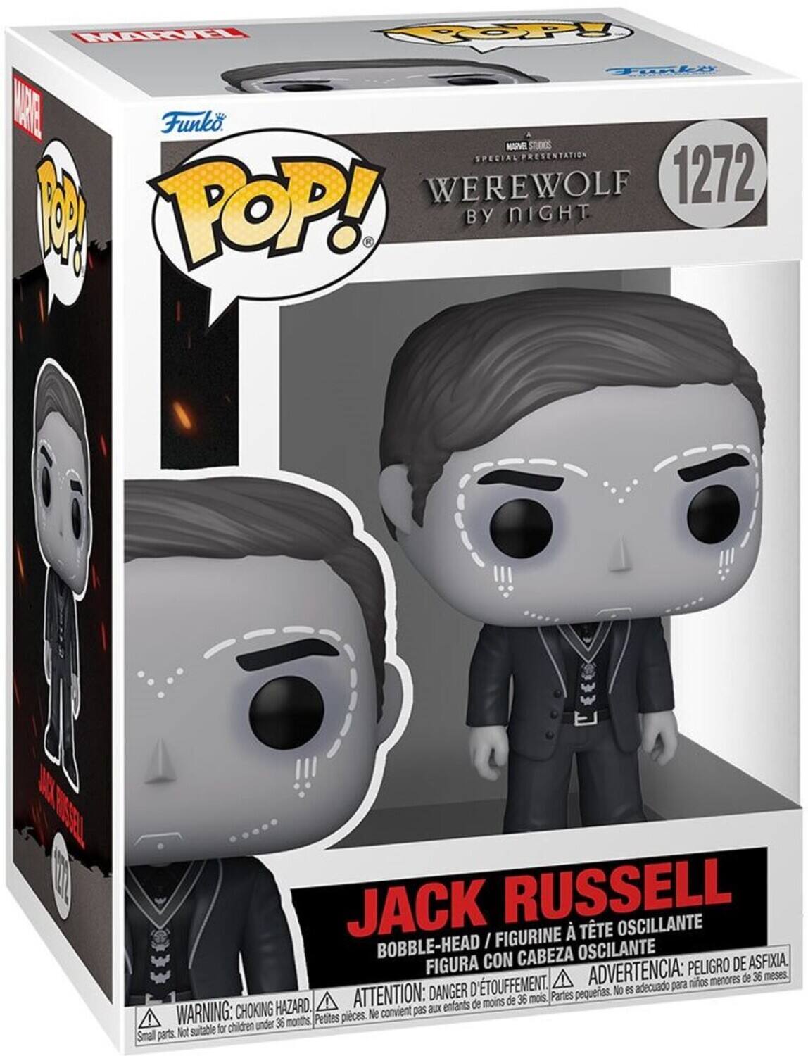 Sure, here is the corrected and grouped text from the image:

---

**Funko POP!**

**MARVEL STUDIOS SPECIAL PRESENTATION**

**WEREWOLF BY NIGHT**

**1272**

**JACK RUSSELL**

**BOBBLE-HEAD / FIGURINE À TÊTE OSCILLANTE / FIGURA CON CABEZA OSCILANTE**

**WARNING: CHOKING HAZARD - Small parts. Not suitable for children under 36 months.**

**ATTENTION: DANGER D'ÉTOUFFEMENT. Petite pièces. Ne convient pas aux enfants de moins de 36 mois.**

**ADVERTENCIA: PEORIGRO DE ASFIXIA. Partes pequeñas. No es adecuado para niños menores de 36 meses.**

---

This text is organized to reflect the information on the packaging, including the brand, series, character, and safety warnings.