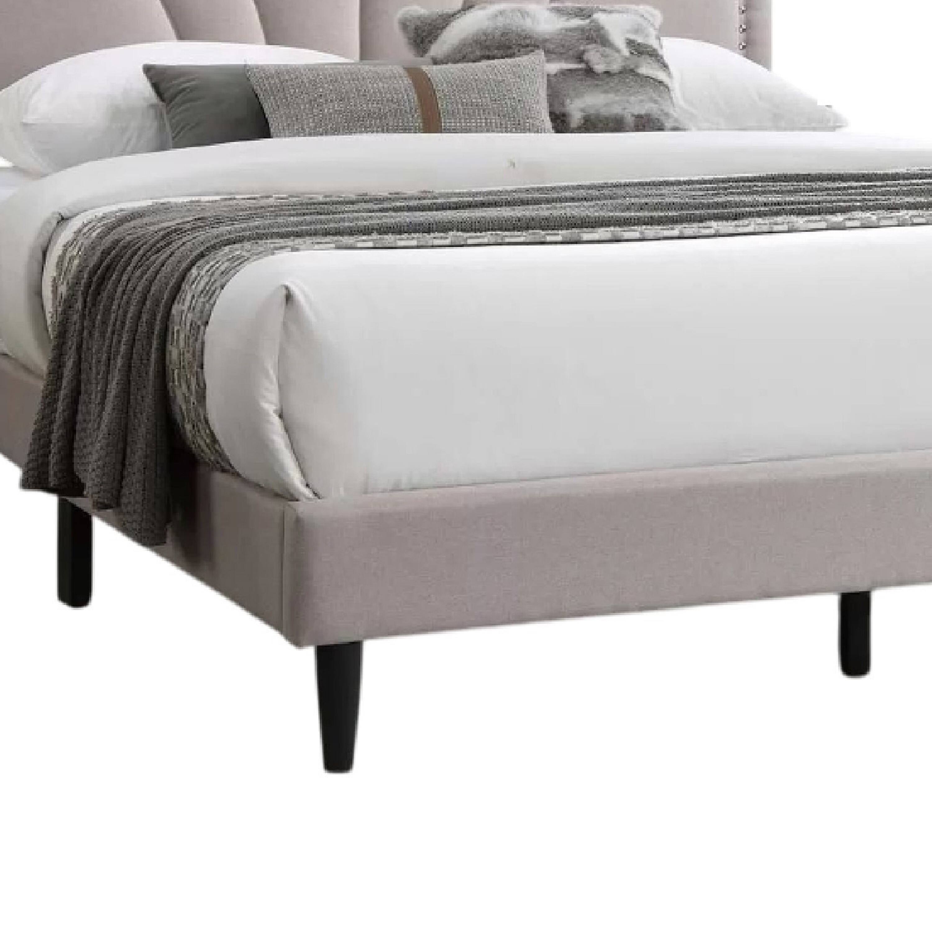 Alt View 3. Manhattan Lane - Carie Full Bed, Light Brown Burlap Upholstery, Padded Headboard - Light Brown, Black.