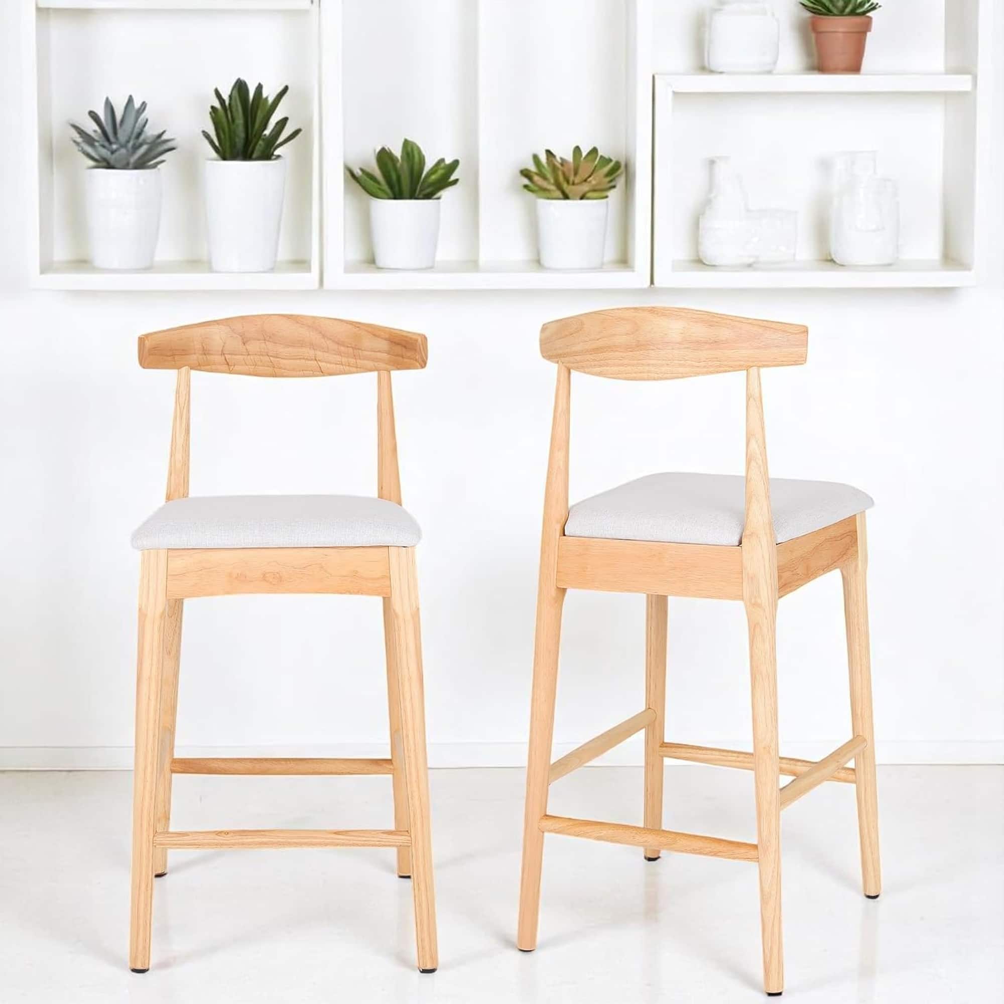 HTUTWOO - Mid-Century Bar Stools Set of 2, Solid Wood Counter Height Chairs with Upholstered and Back for Kitchen Island - Beige